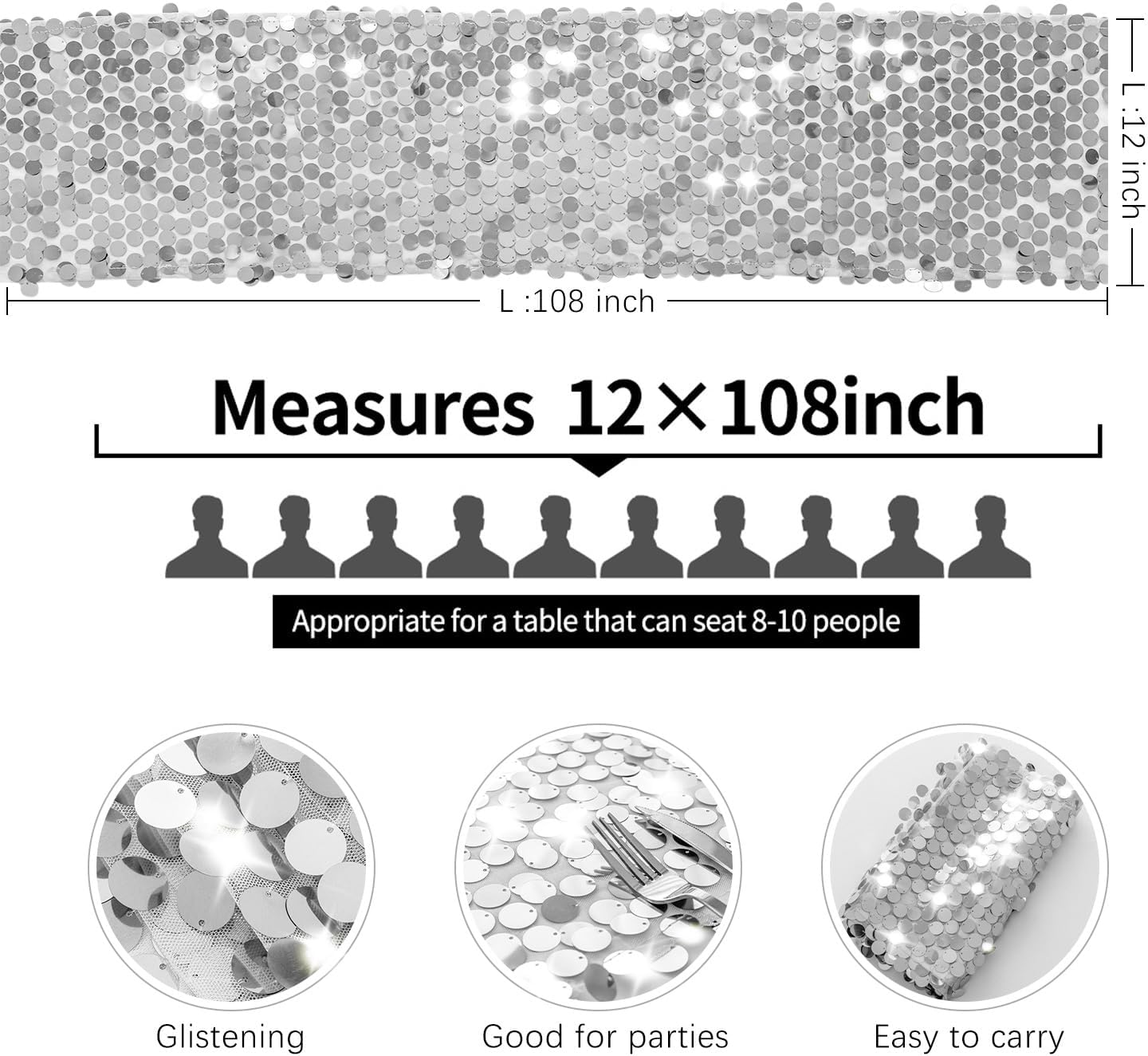 Pufogu 12 x 108 Inch Silver Glitter Table Runner