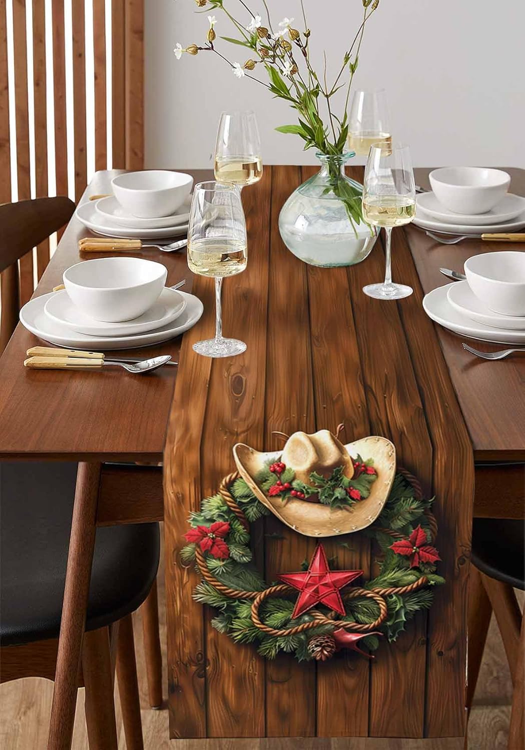 Christmas Western Cowboy Hat Farm Star Garland Table Runner 108 Inch