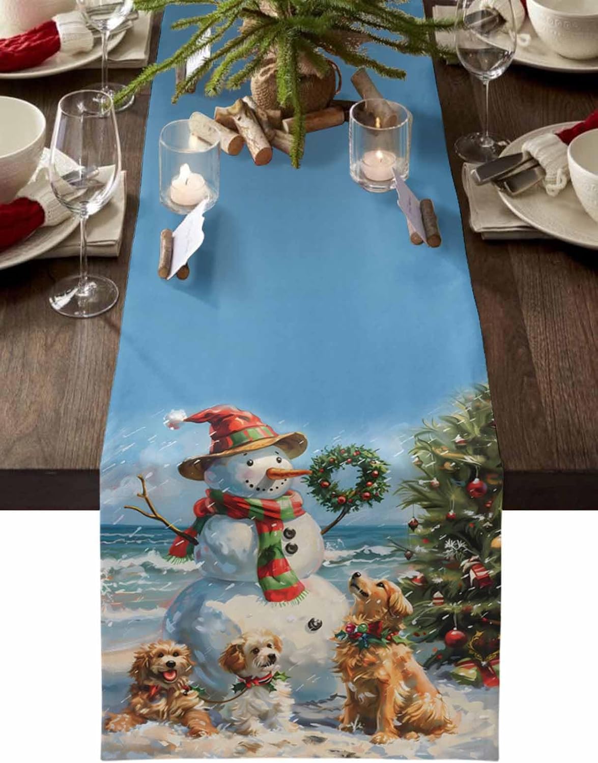 Winter Snowman Pet Dog Linen Table Runner 13x60In