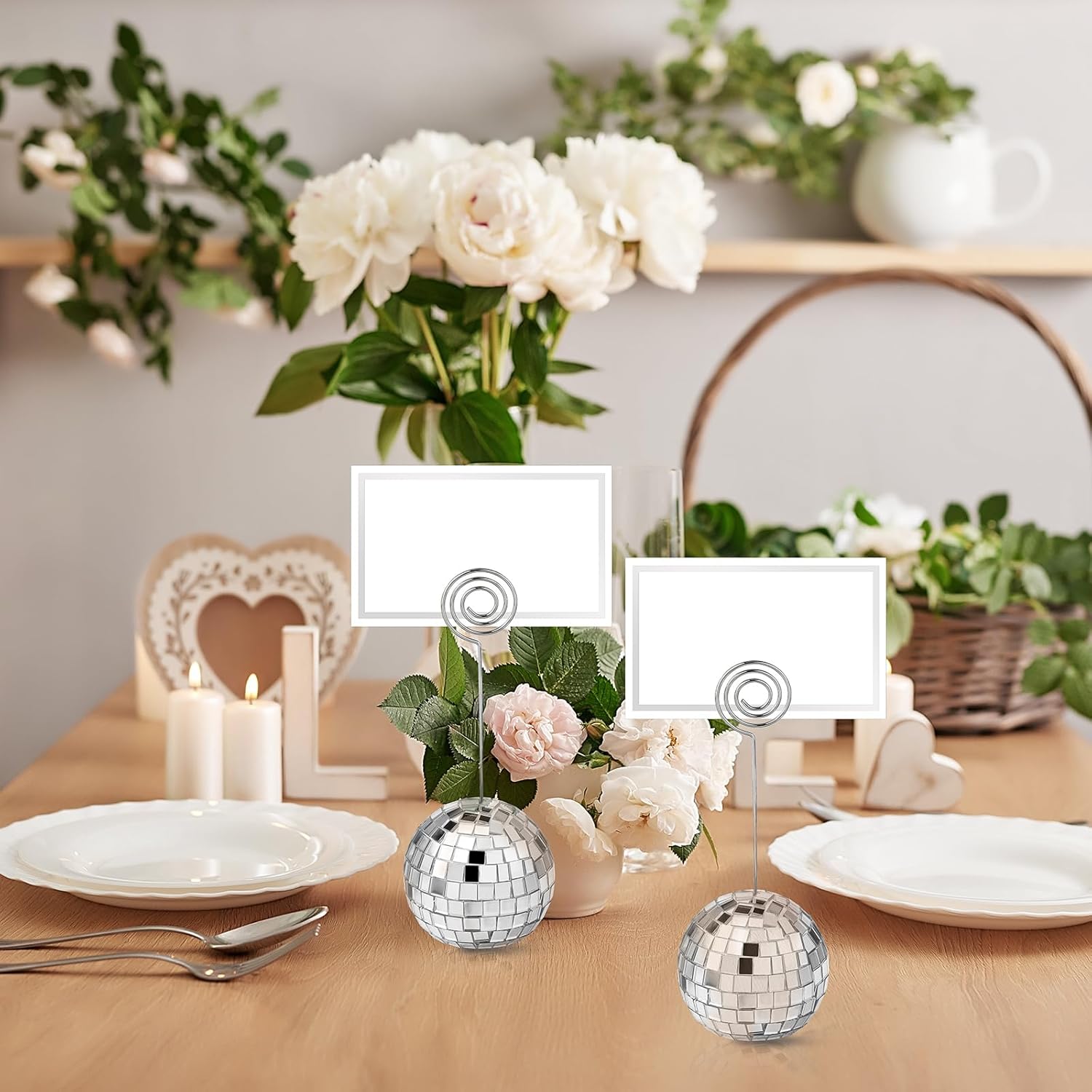 Uiifan 60 Pcs Silver Disco Ball Place Card Holders