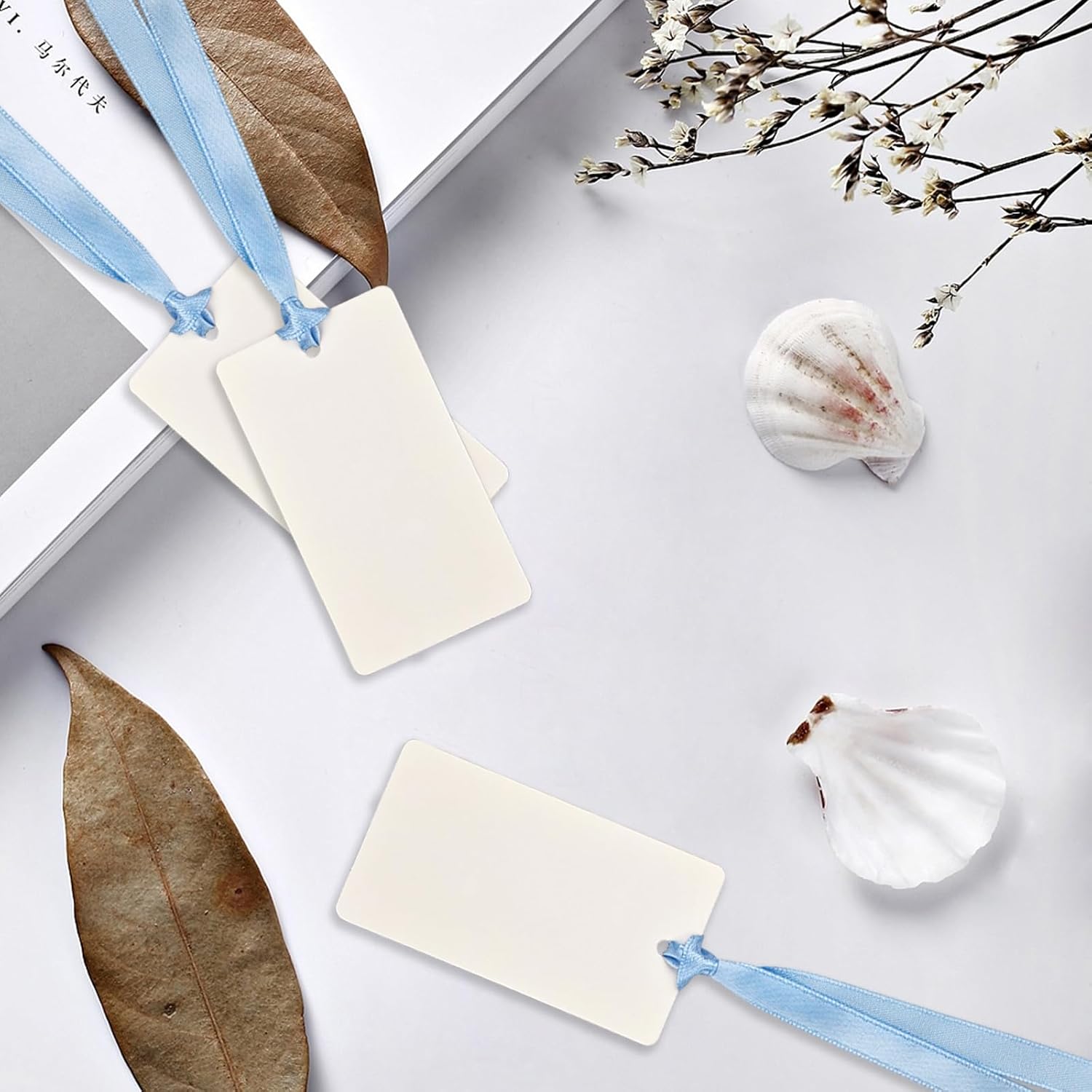 50 Pcs Blank Name Place Cards with Satin Ribbon Blue
