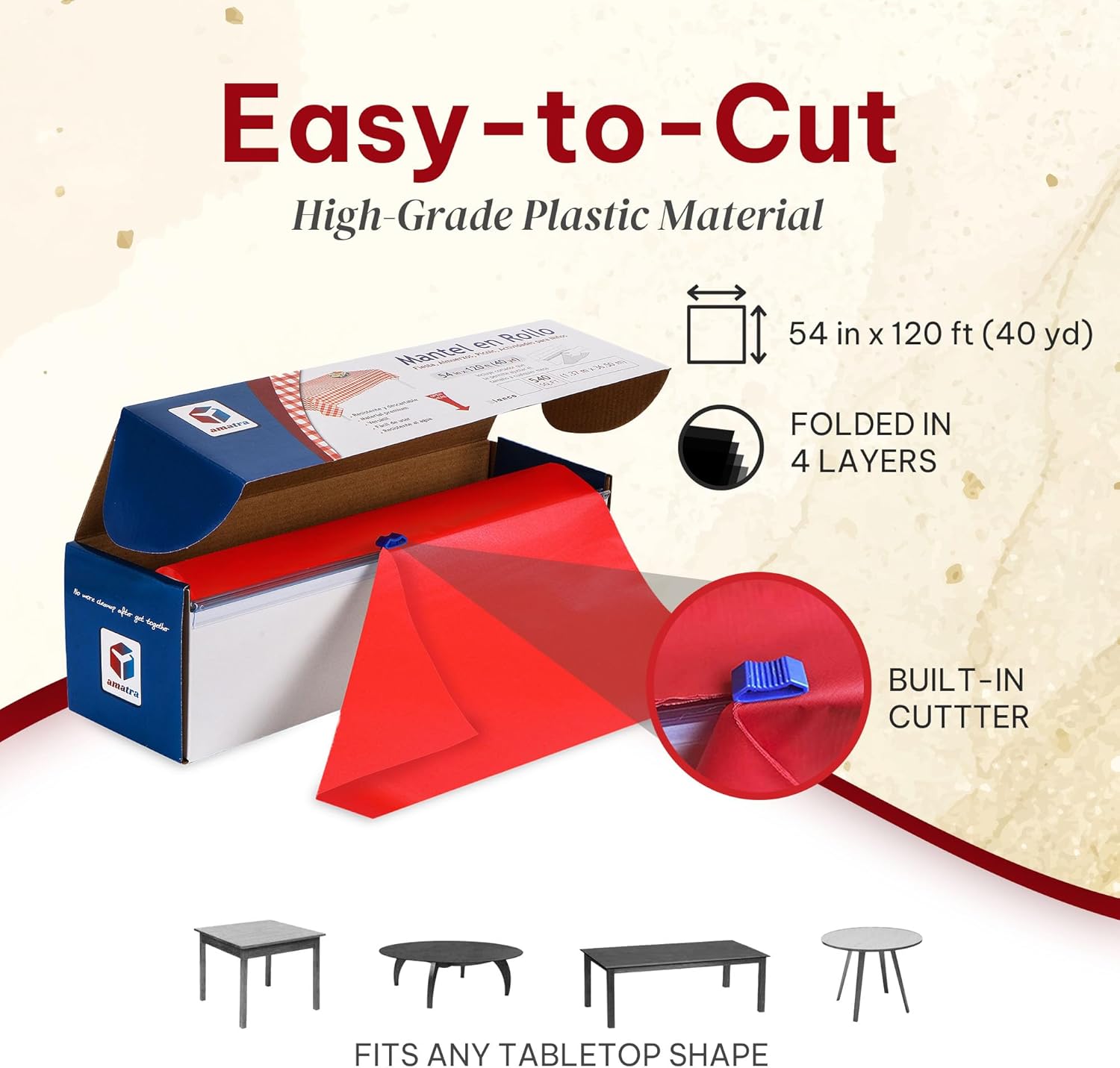Amatra All-Purpose Plastic Table Cover Roll Red 54in x 120ft