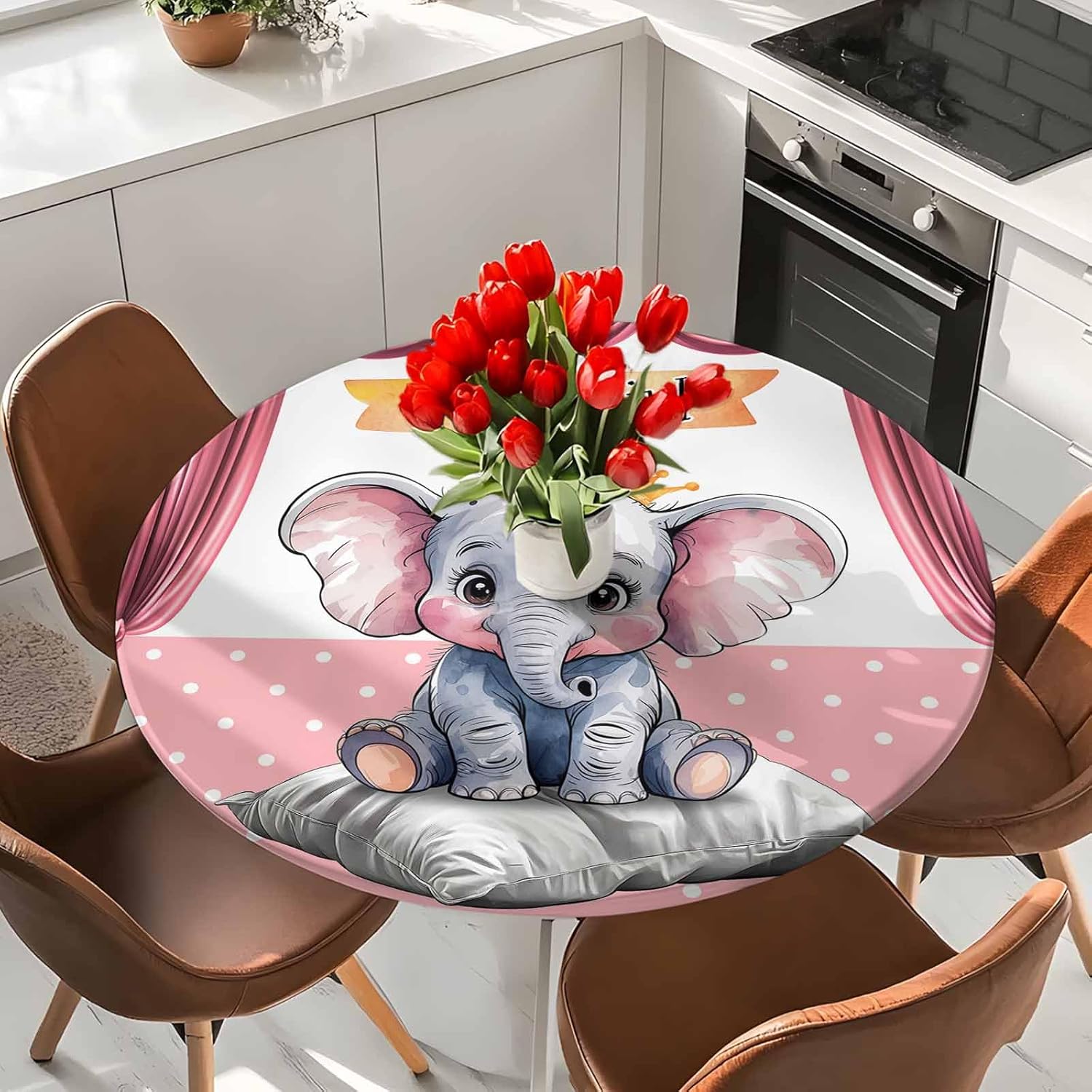 Pink Elephant Tablecloth with Elastic Cover for 36-44 Inch Tables
