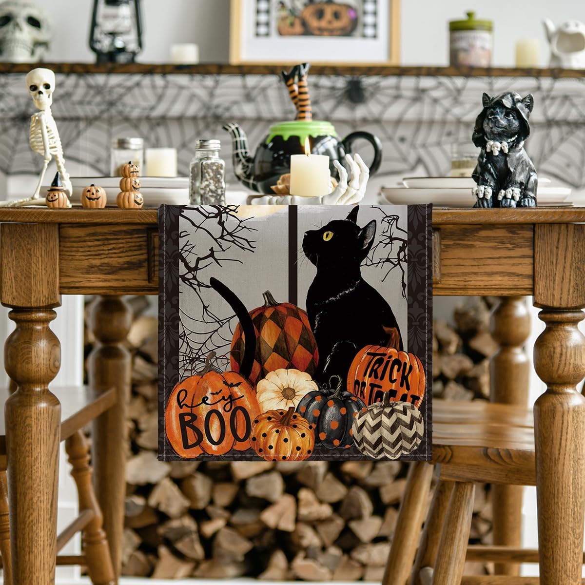 Artoid Mode Boo Black Cat Pumpkins Halloween Table Runner