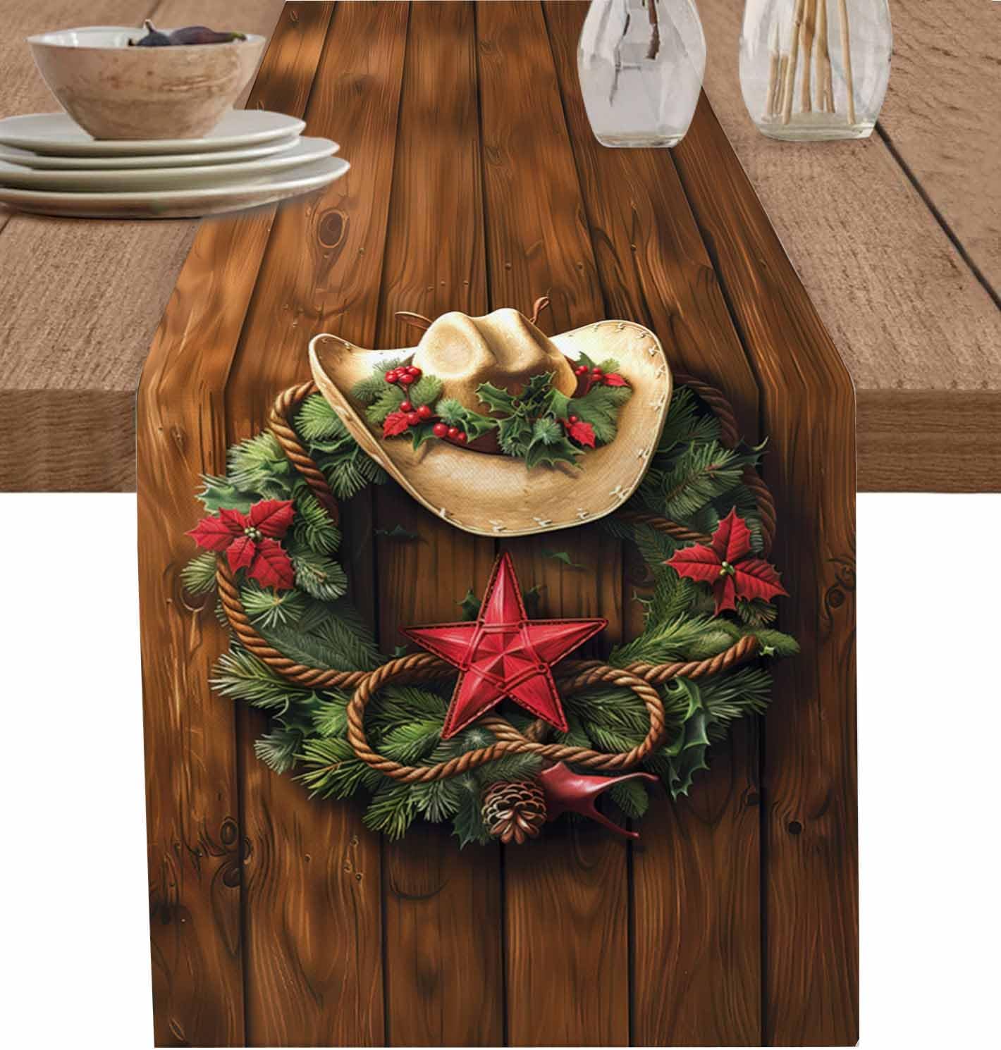 Christmas Western Cowboy Hat Farm Star Garland Table Runner 108 Inch