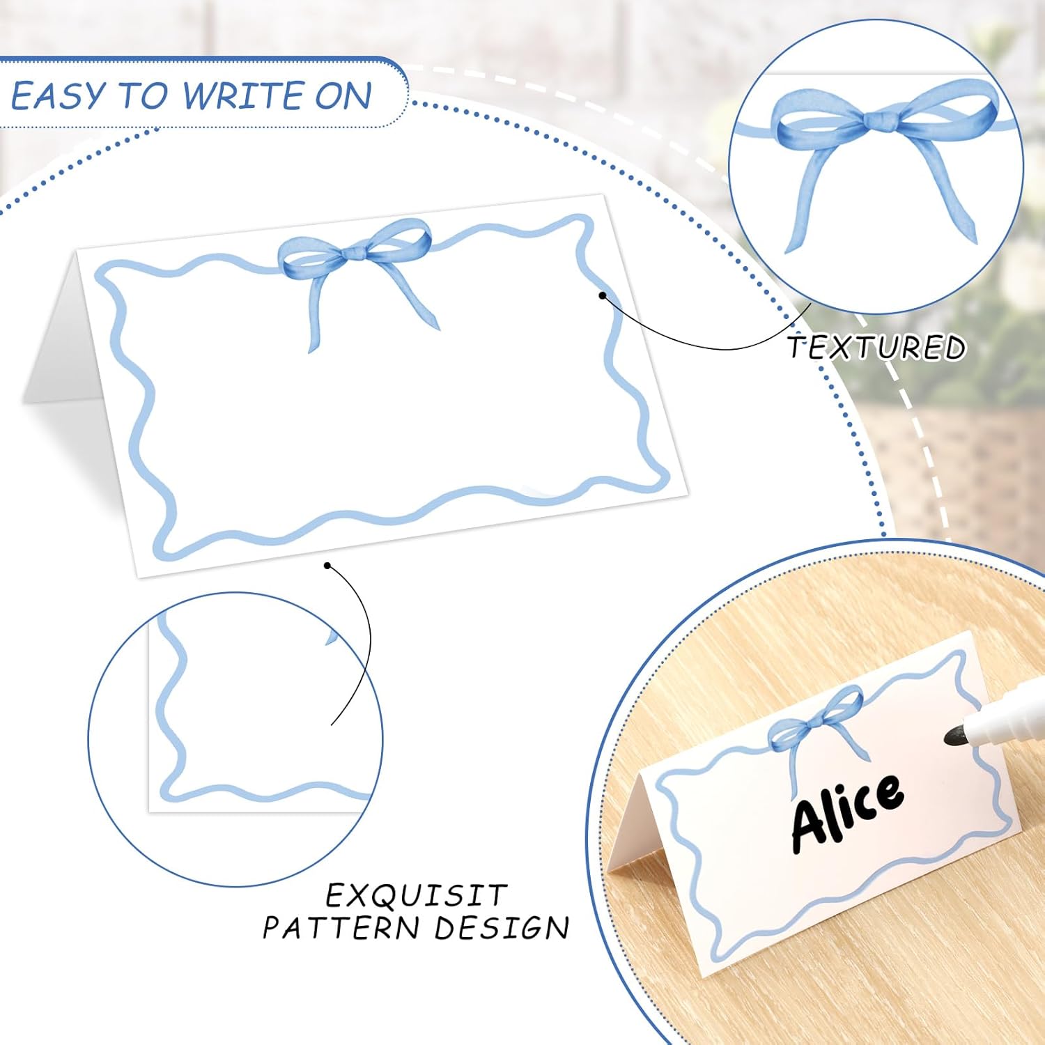 Whaline 100 Pcs Blue Bow Place Cards for Parties