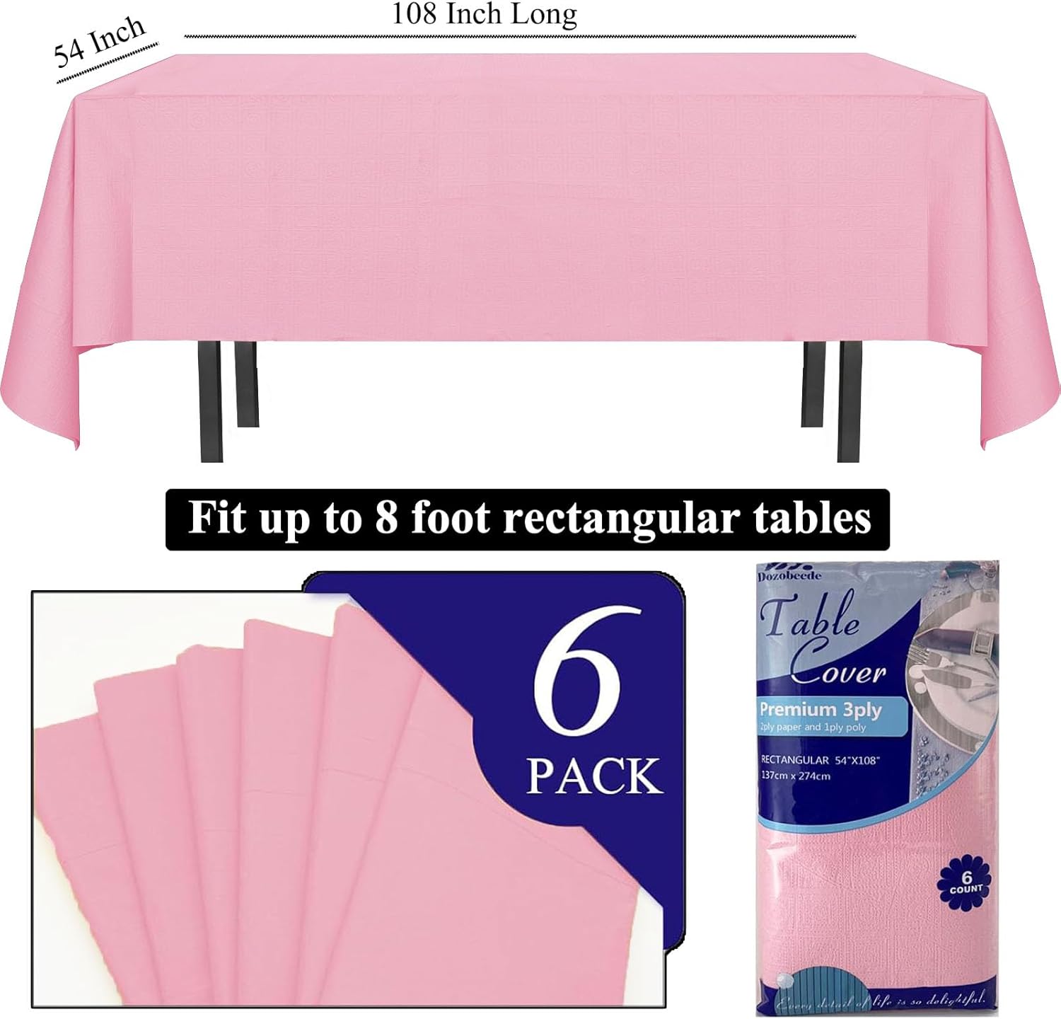 6 Pack Pink Disposable Tablecloth for Rectangle Tables 54x108 Inch Party Cover