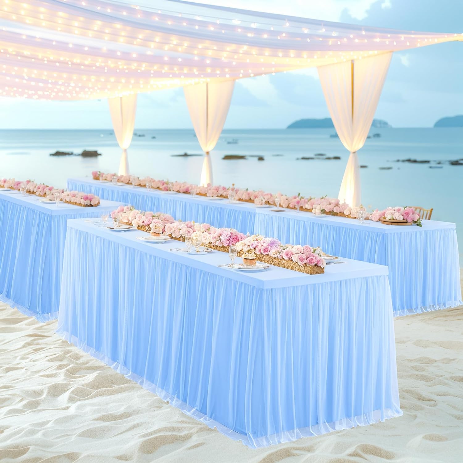 Tao-Ge Baby Blue Tulle Tablecloth for 6ft Rectangle Tables