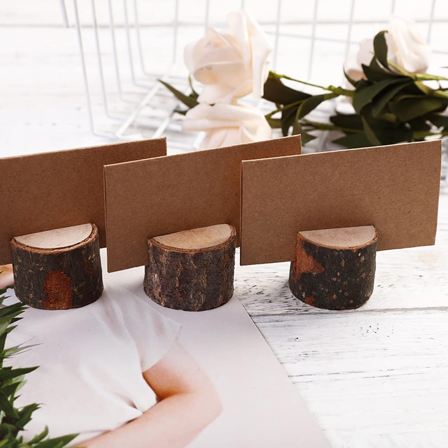 Tosnail 50 Wooden Place Card Holders with Kraft Paper Cards