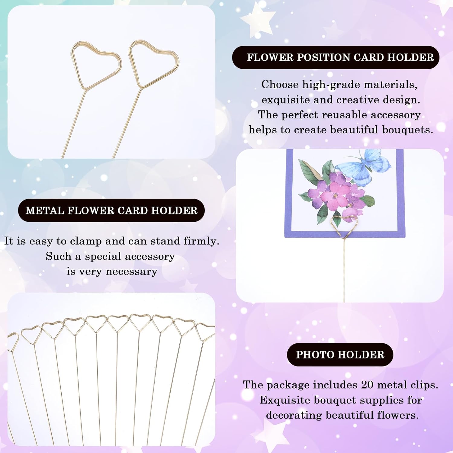 20Pcs Heart Shape Flower Card Holder Stick for Wedding and Party