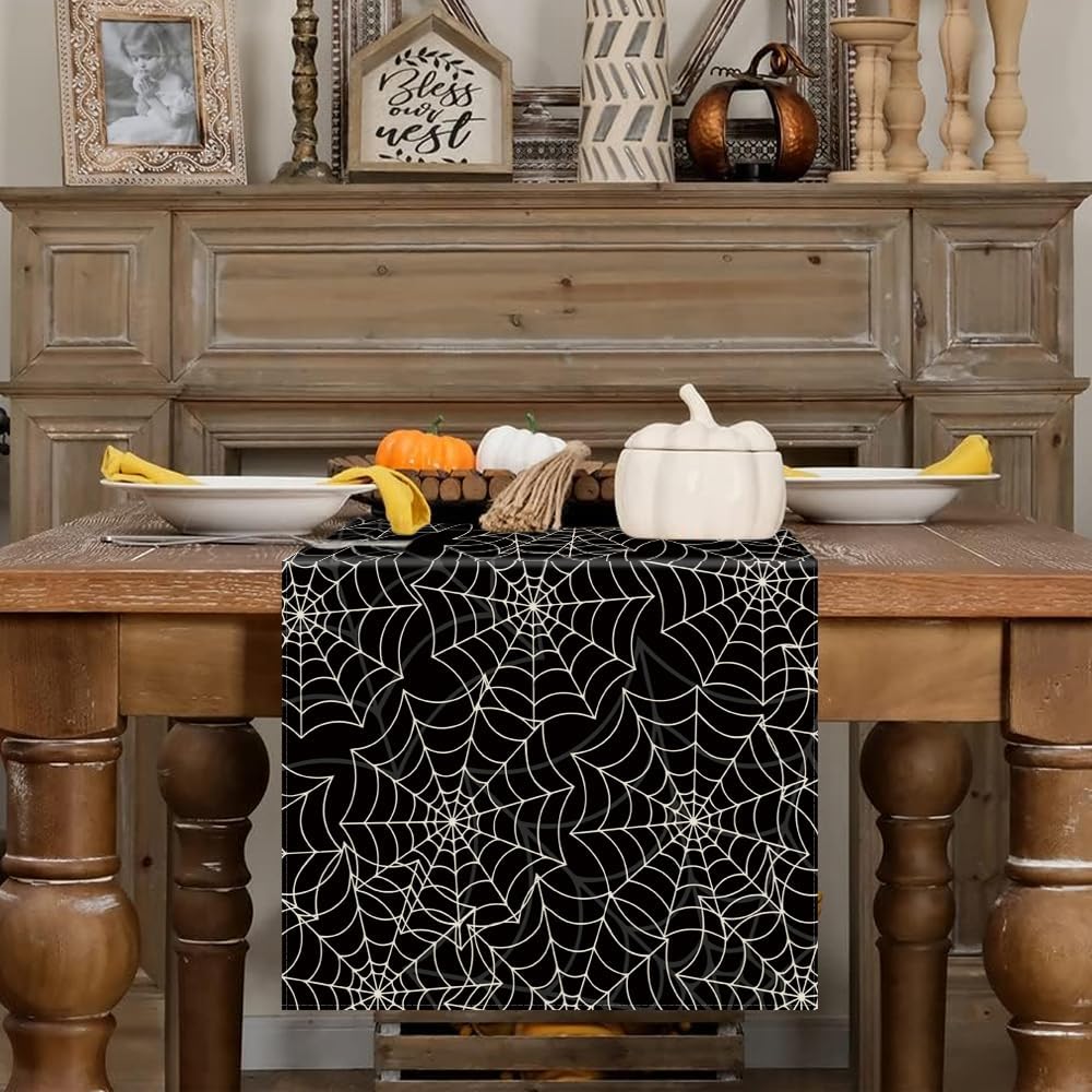 Halloween Table Runner Spider Web Black Linen 13x72 Inch