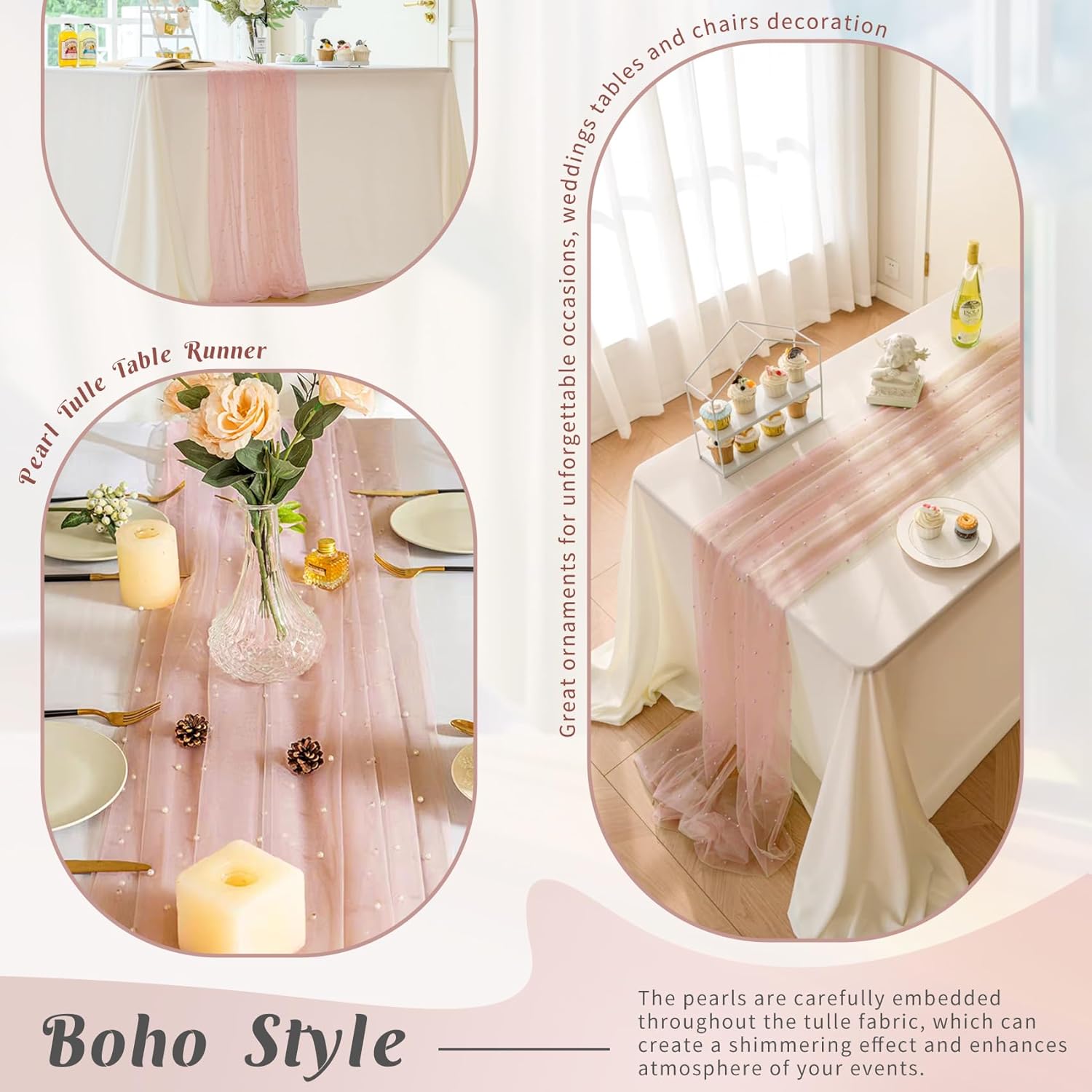 Set of 6 Dusty Pink Pearl Tulle Table Runners