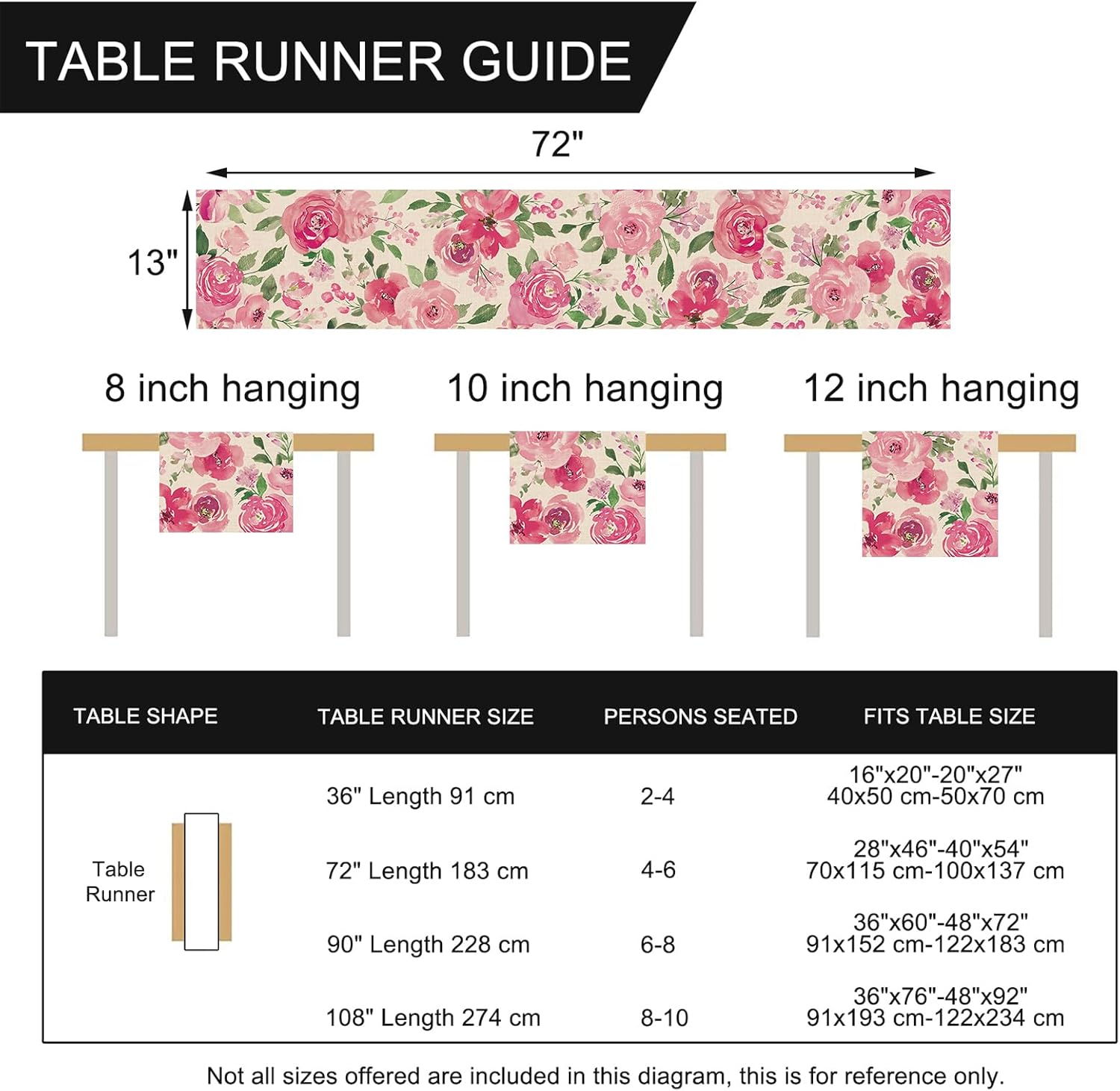 Seliem Pink Peony Flower Table Runner 13x72 Inches