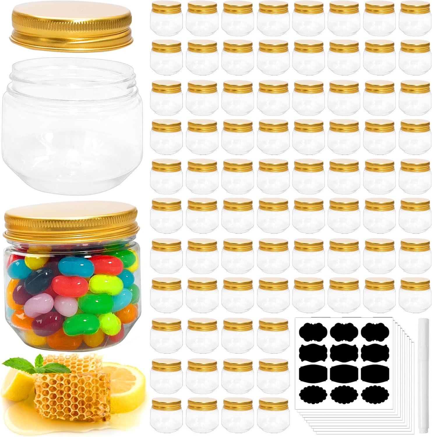 120 Pcs Clear Plastic Jars with Lids and Labels