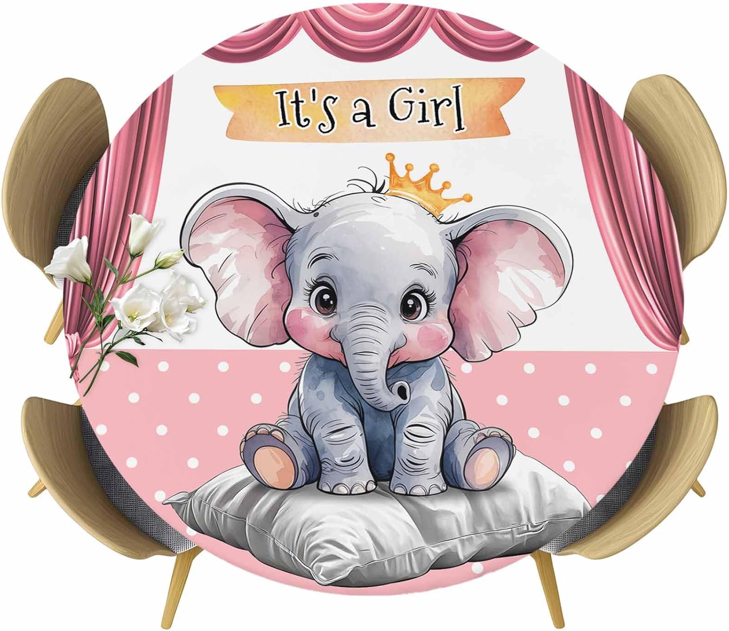 Pink Elephant Tablecloth with Elastic Cover for 36-44 Inch Tables