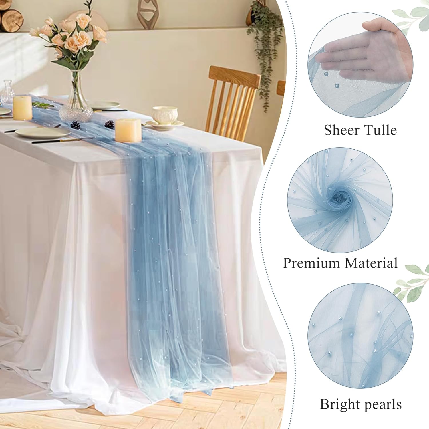 Set of 6 Dusty Blue Pearl Tulle Table Runners