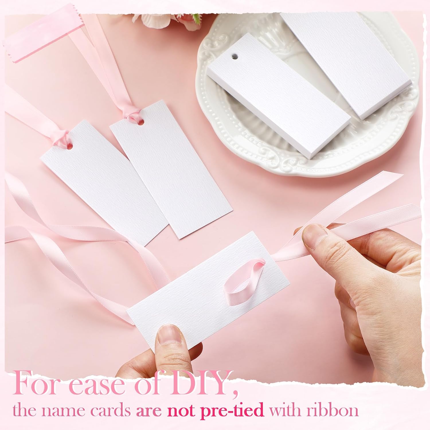 50 Pcs Blank Name Place Cards with Sateen Ribbons for Wedding Party