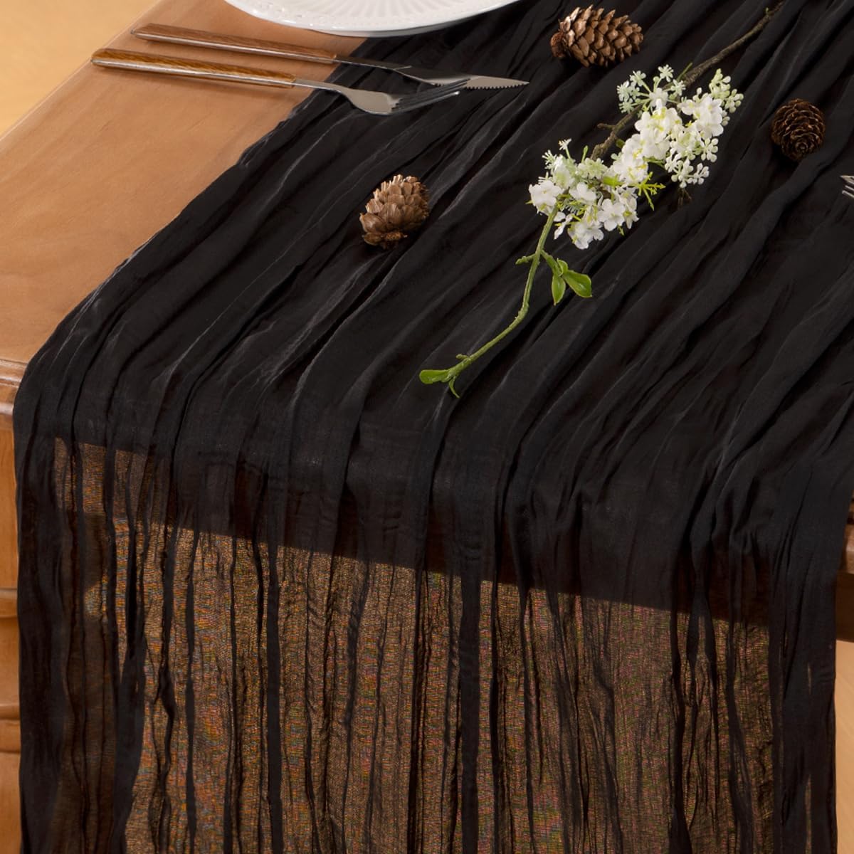 LINXTAR Black Boho Cheesecloth Table Runner 10FT