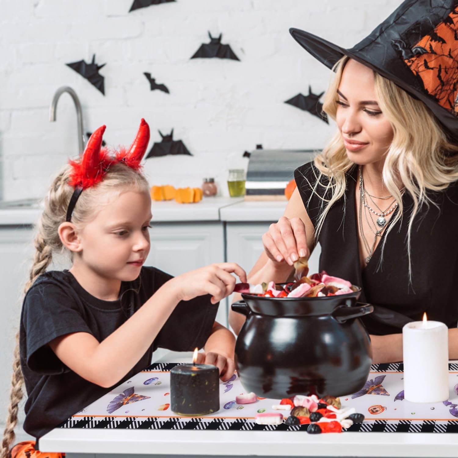 Pumpkin Witch Cat Halloween Table Runner 72x1386 Inch