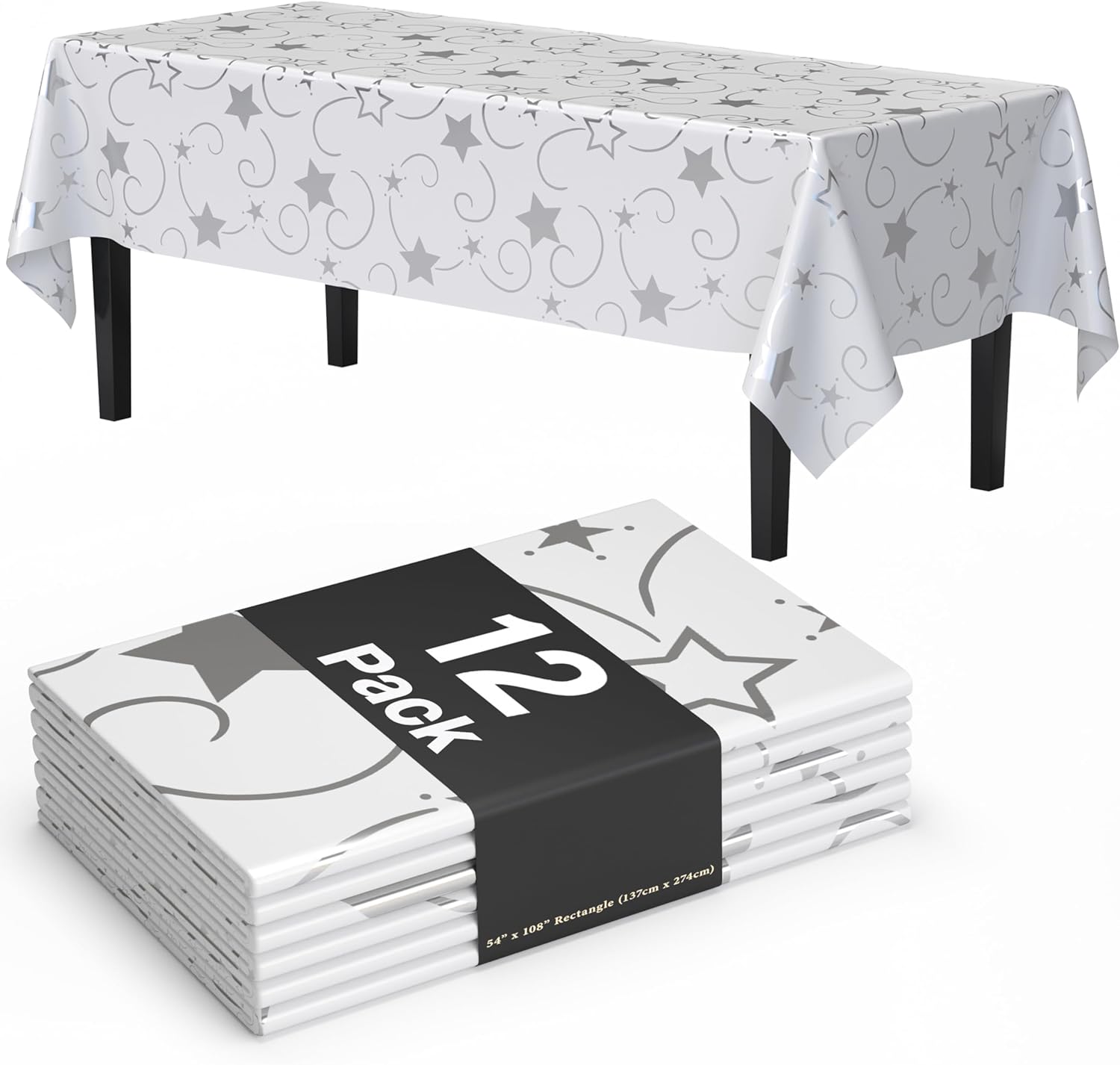 Exquisite Silver Star Tablecloths 12-Pack Disposable