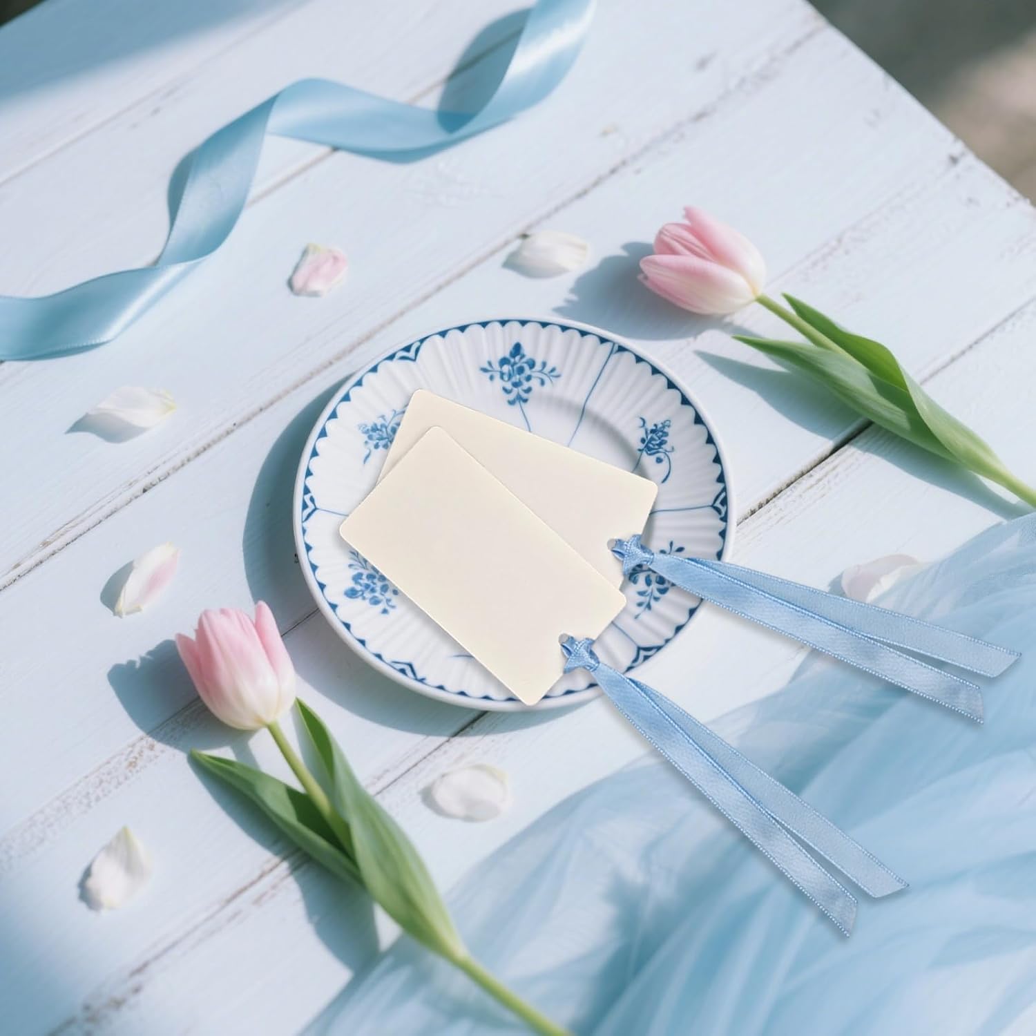 50 Pcs Blank Name Place Cards with Satin Ribbon Blue