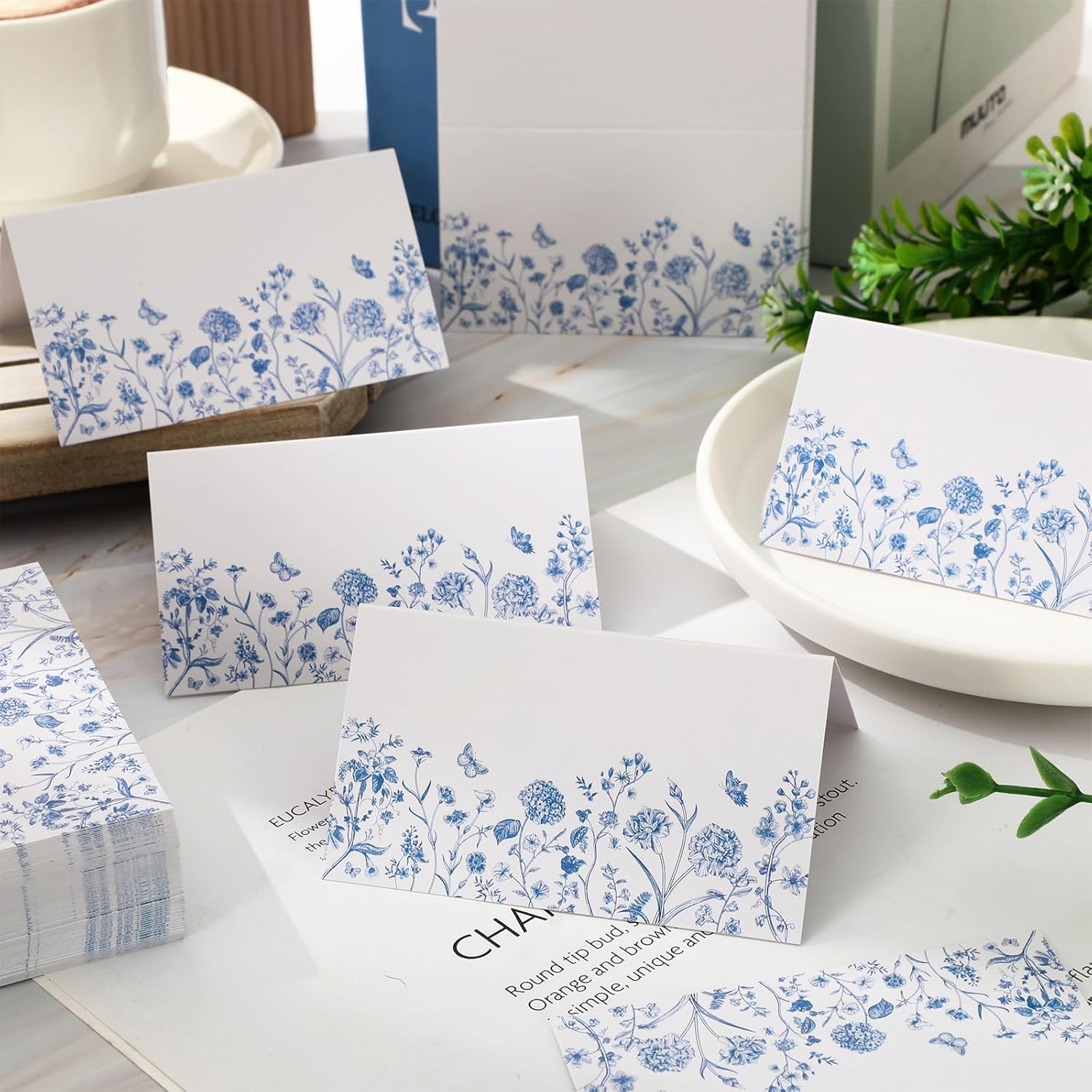 Whaline 100 Pcs Blue Floral Place Cards