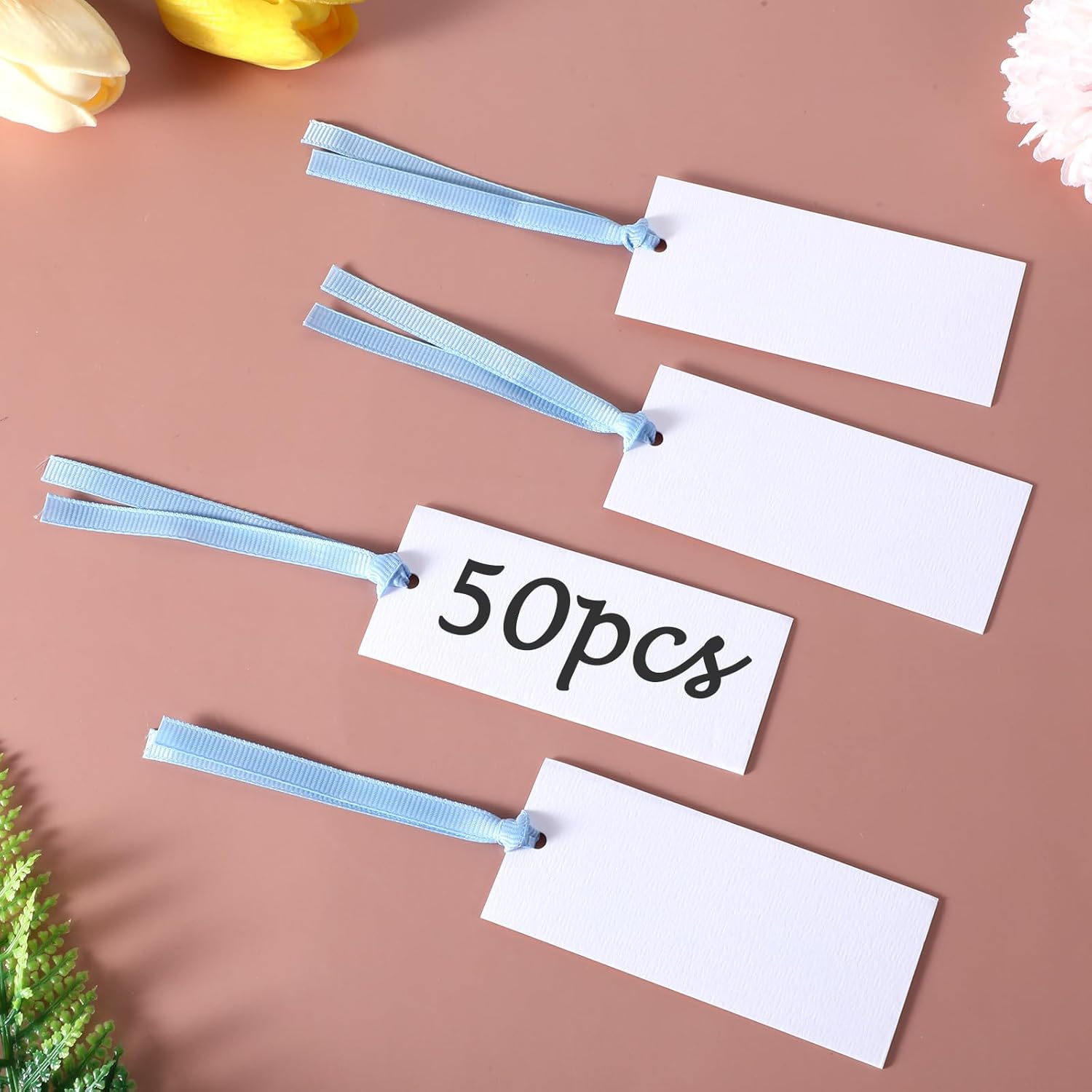 50 PCS Elegant Place Cards with Blue Sateen Ribbons