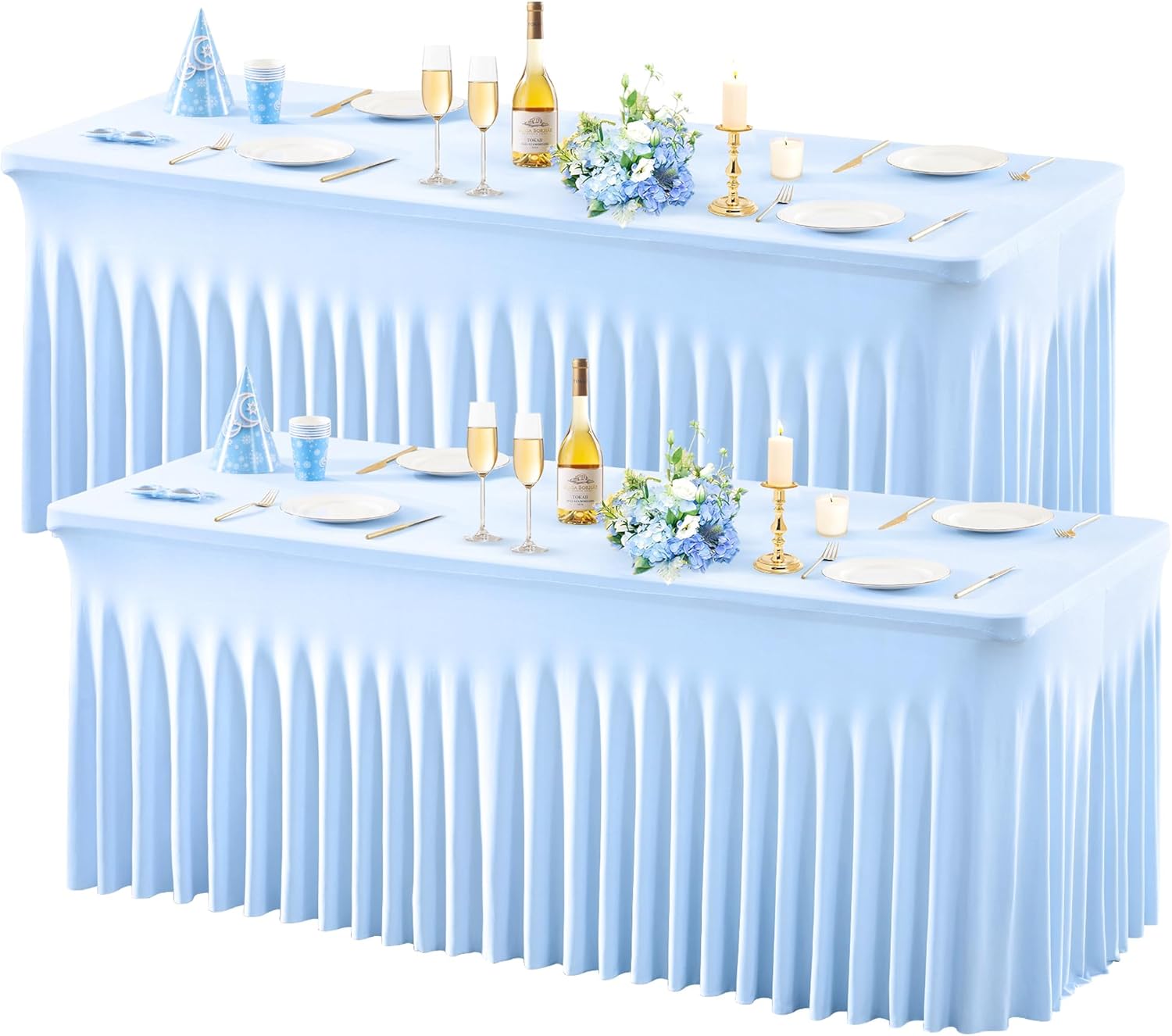 2 Pack Baby Blue Spandex Tablecloths for 6 Foot Rectangle Tables