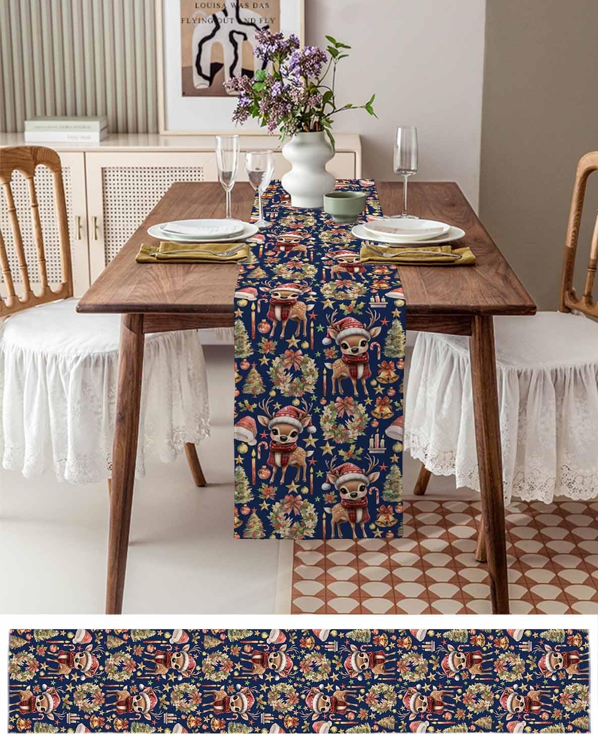 Navy Blue Reindeer Table Runner Garland for Holiday Decor