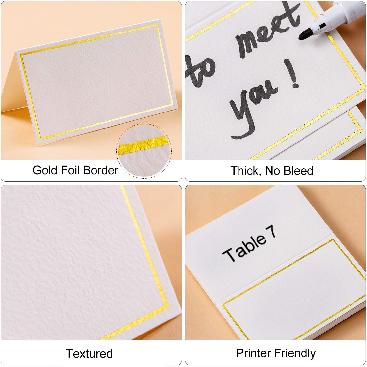 100Pcs Premium Place Cards with Gold Foil Border