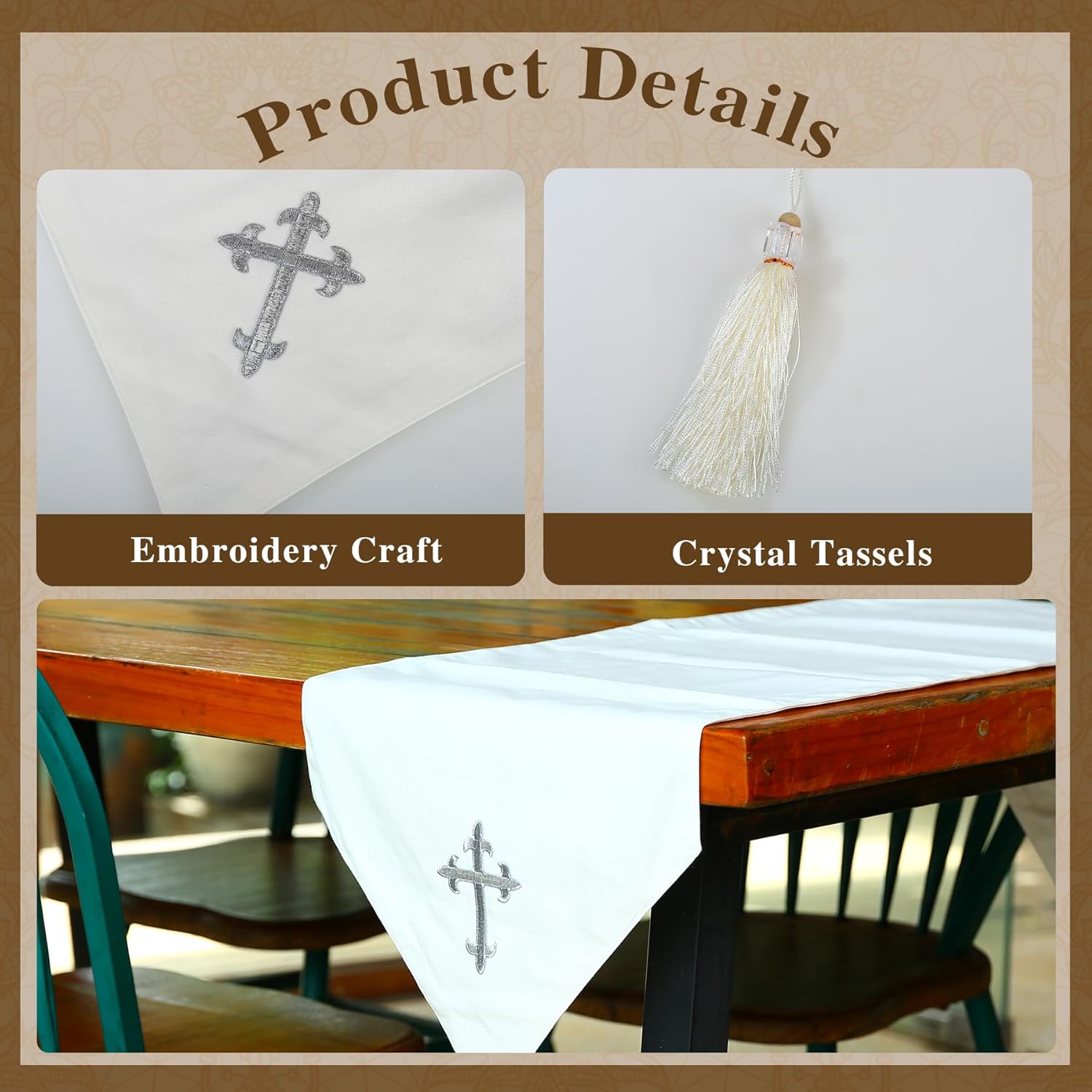 Ohmique White Communion Table Runner with Cross Embroidery