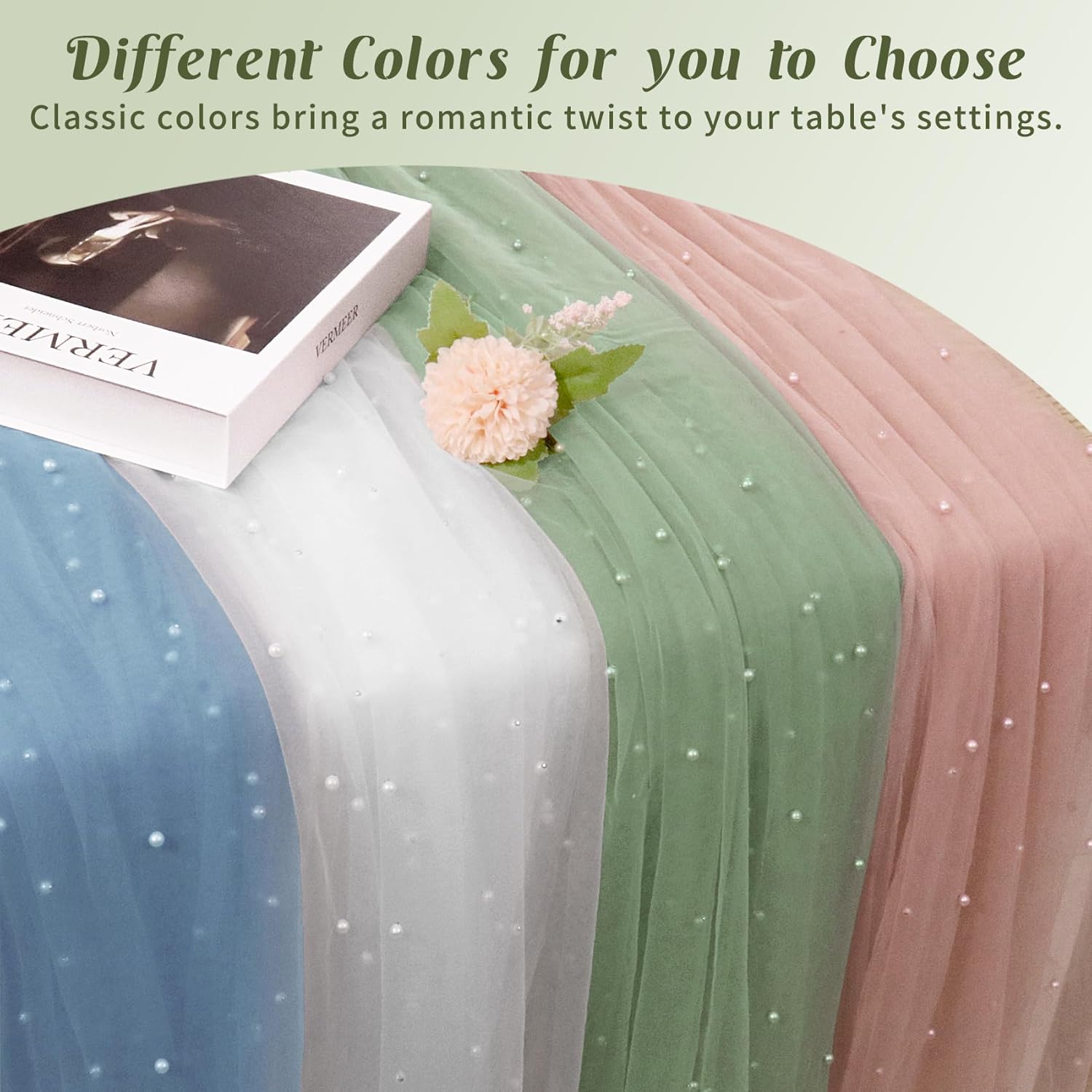 6 Piece Pearl Tulle Table Runner Set Sage Green