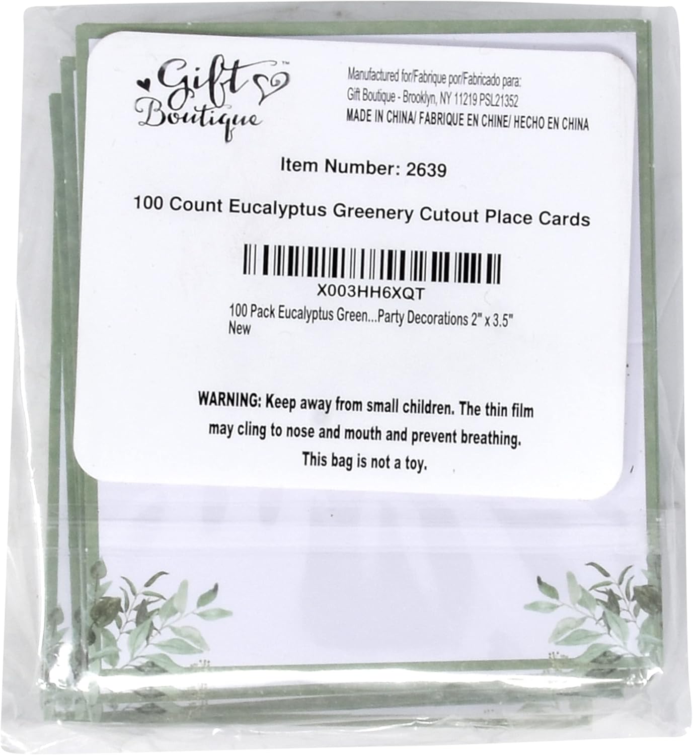 Gift Boutique 100 Pack Eucalyptus Place Cards