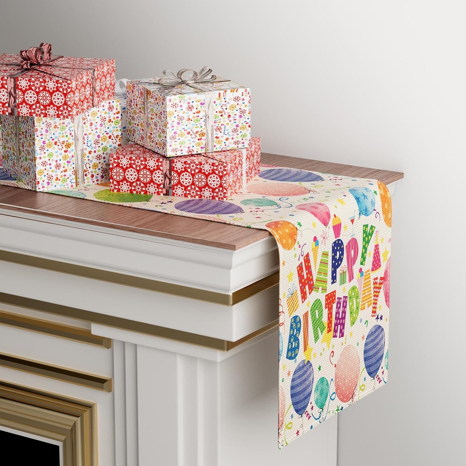 XCHI Colorful Balloons Confetti Stars Table Runner