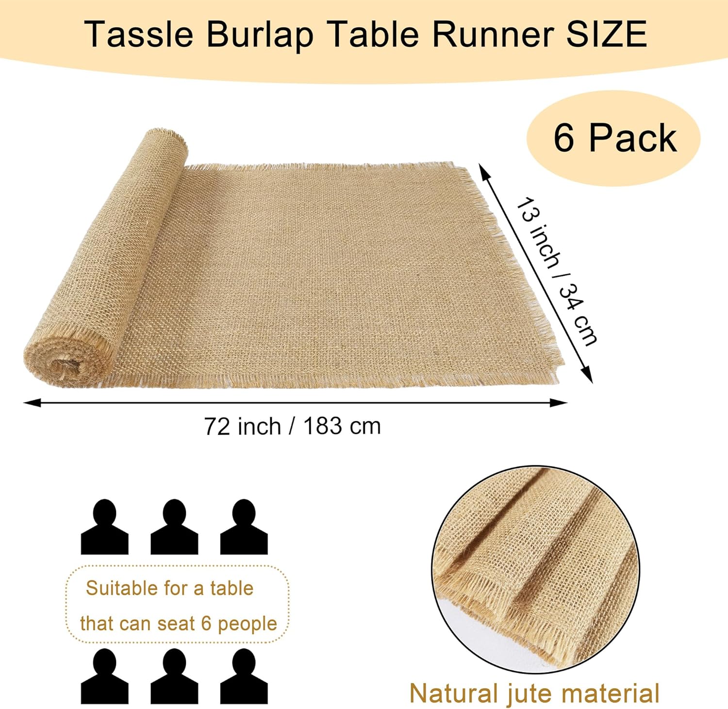 6 Pack 13 x 72 Inch Tassel Burlap Table Runners