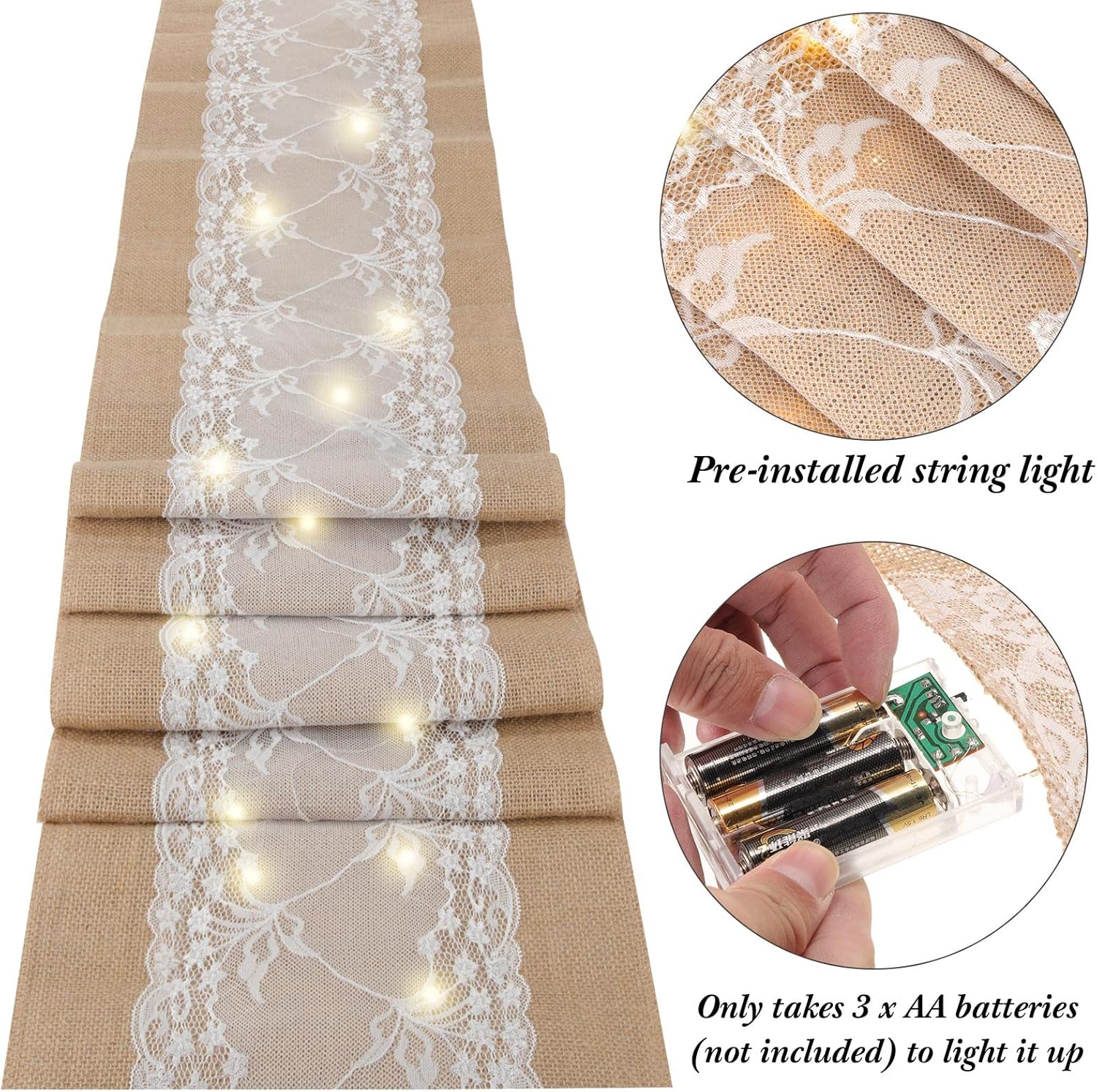 Xinnun 6 Pcs Burlap Table Runner with Lights