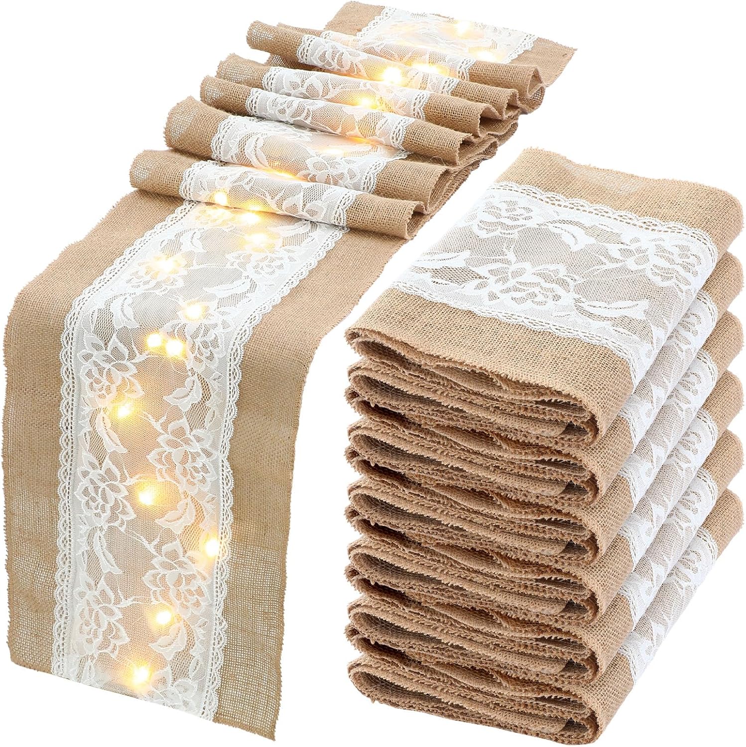 Xinnun 6 Pack Burlap Table Runner with LED Lights