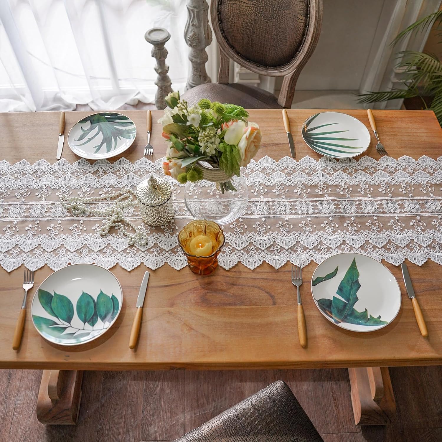 SUTAVIA White Lace Embroidery Table Runner for Home Kitchen Wedding Party