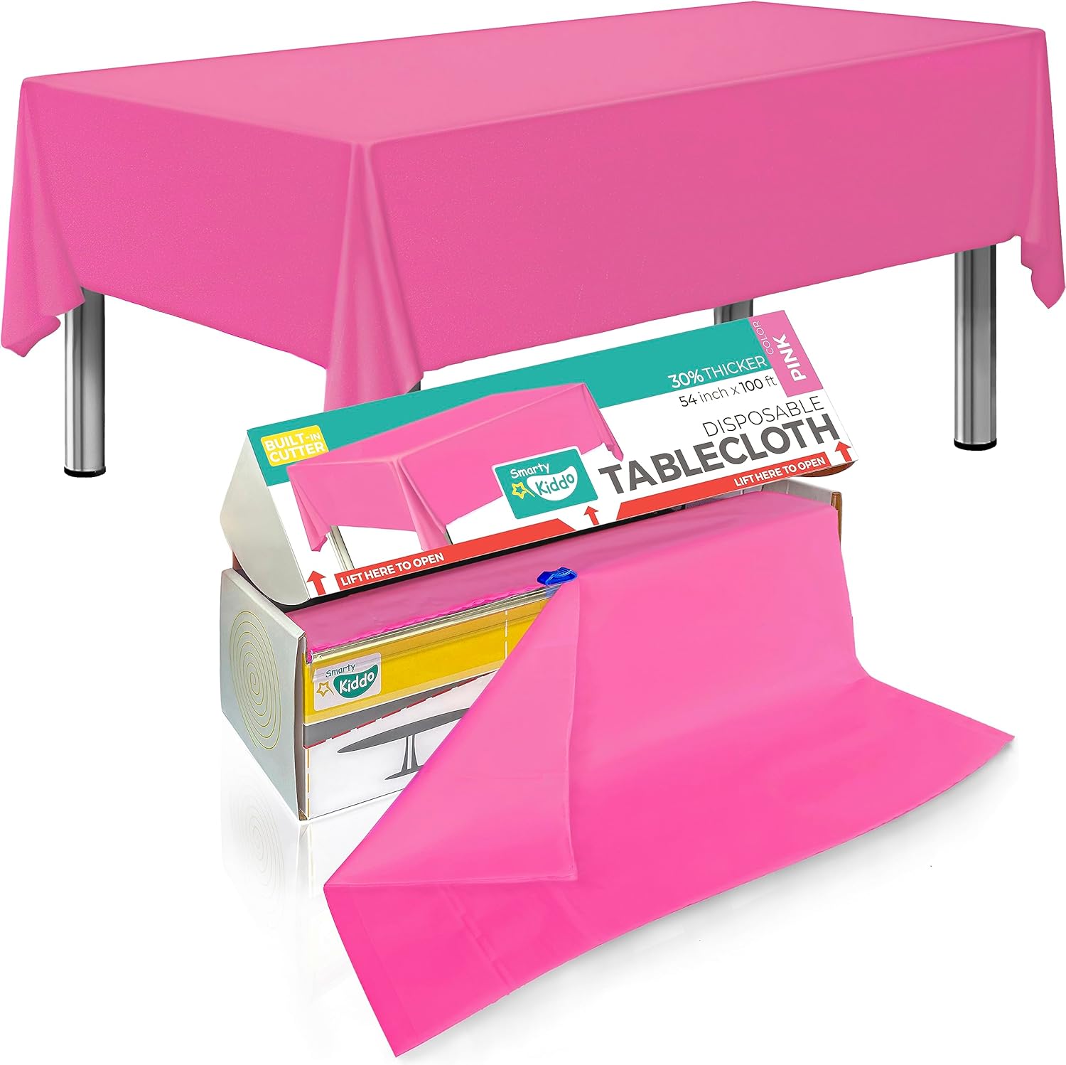 54in X 100ft Pink Plastic Tablecloth Roll with Built-In Cutter