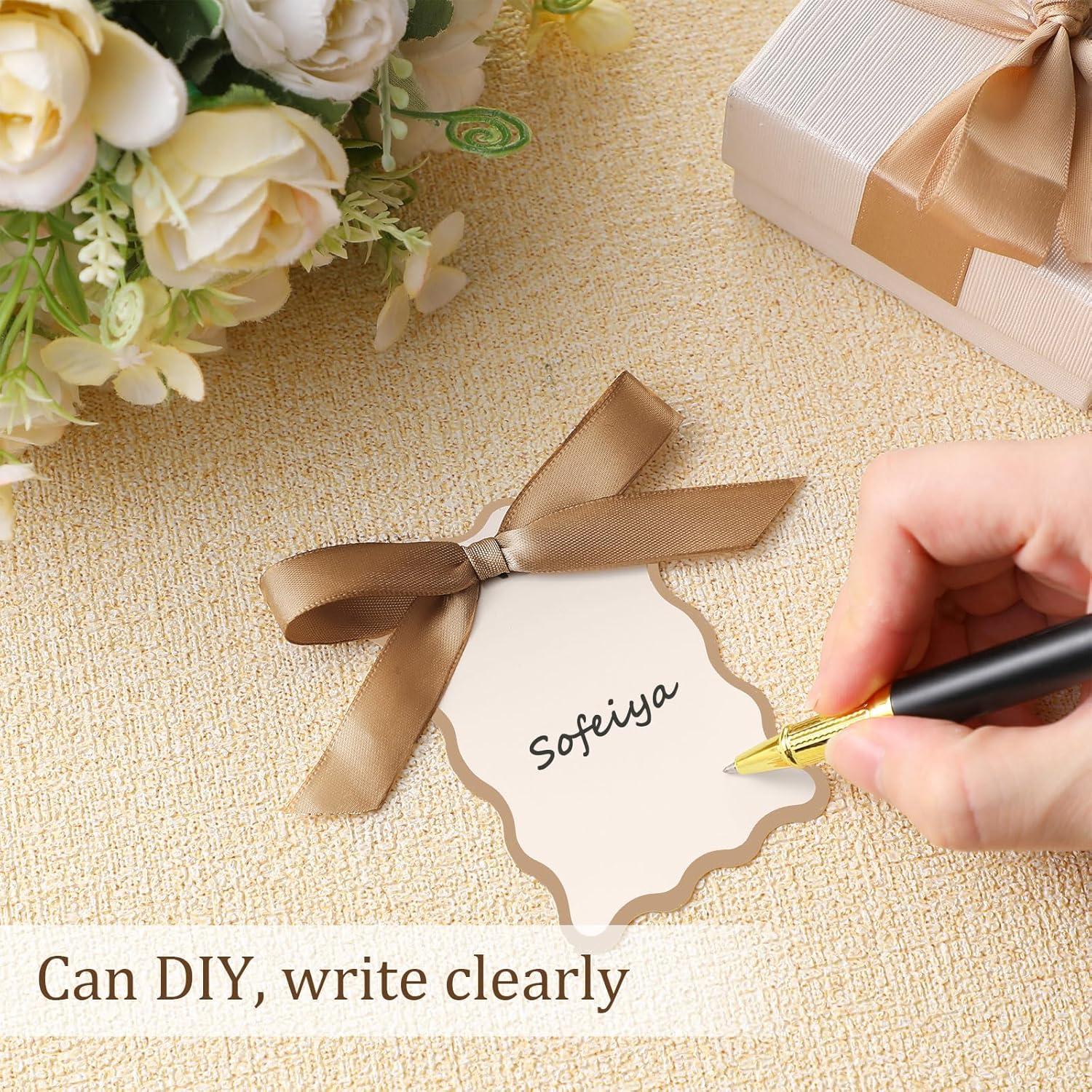 200 Pcs Scallop Name Place Cards with Ribbon for Weddings