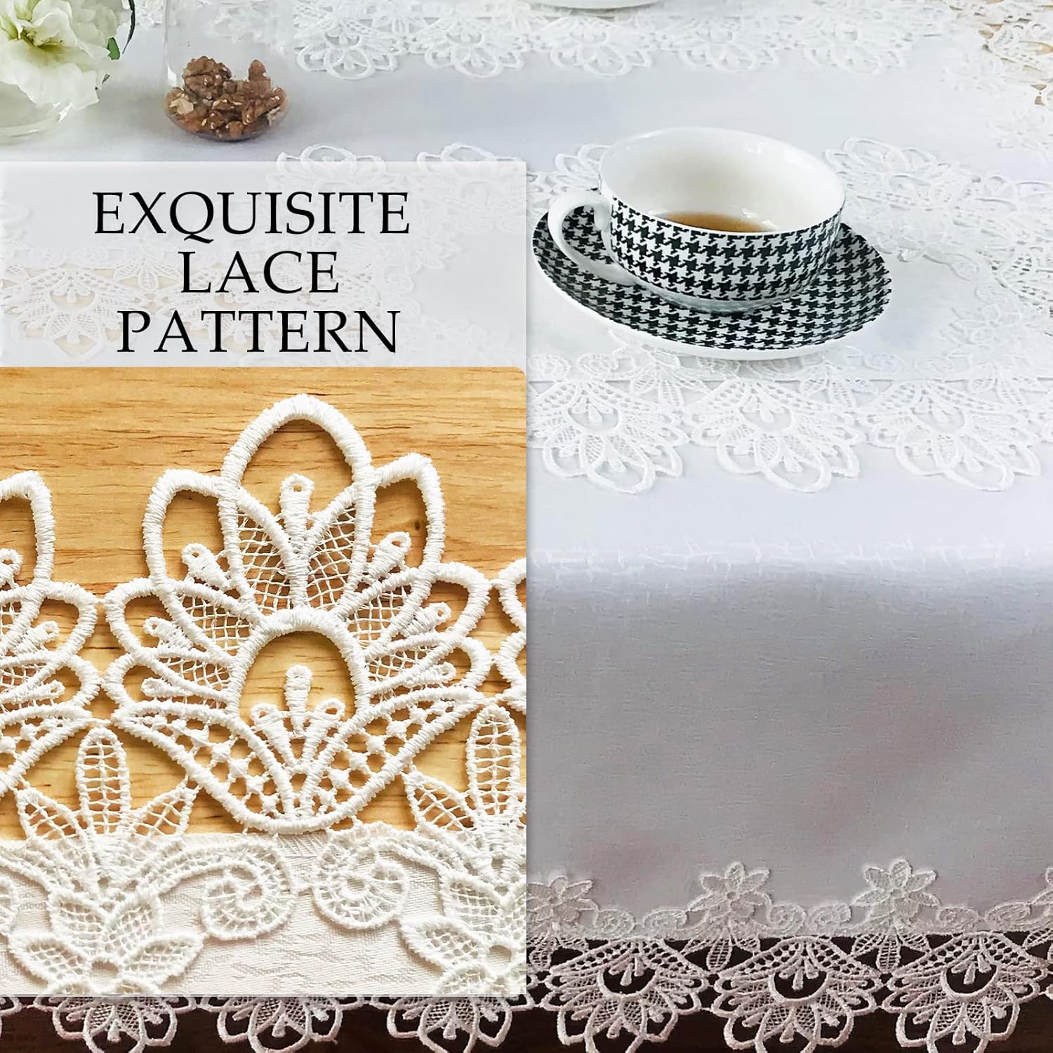 Elegant Rectangle Tablecloth with Macrame Border - White 72x126
