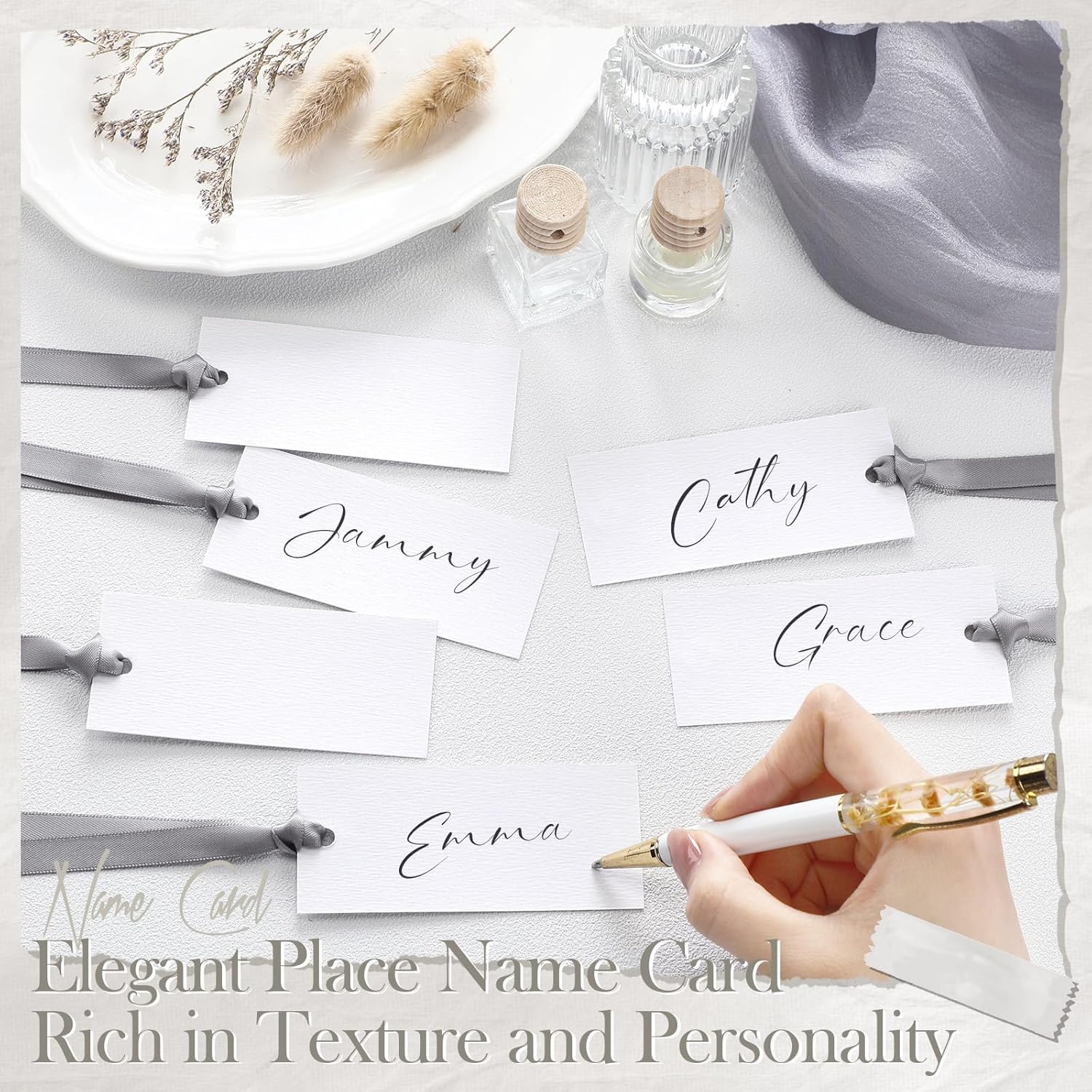 50 Pcs Silver Place Cards with Sateen Ribbon