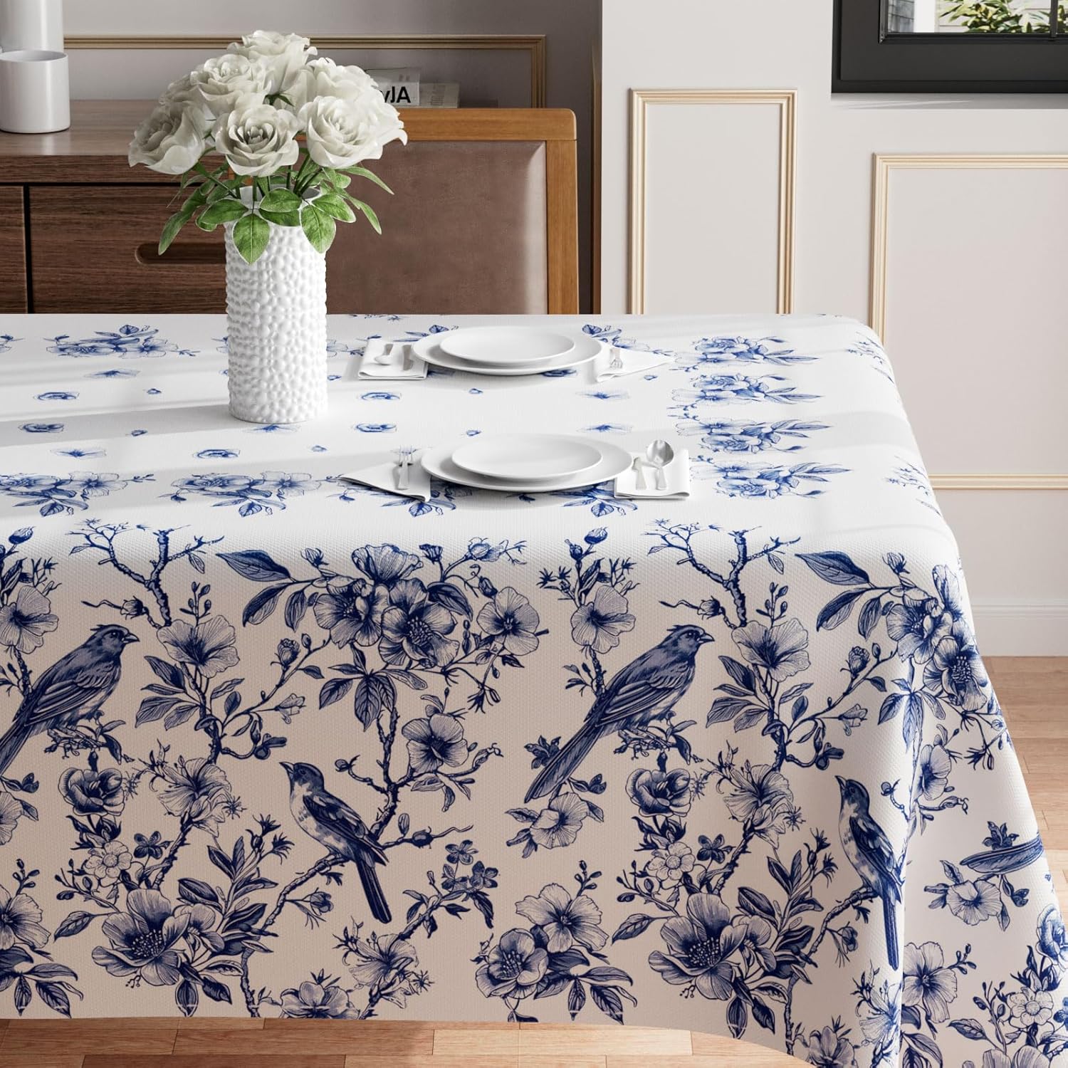 XCHI Blue and White Porcelain Birds Flowers Tablecloth 60x84 Inch