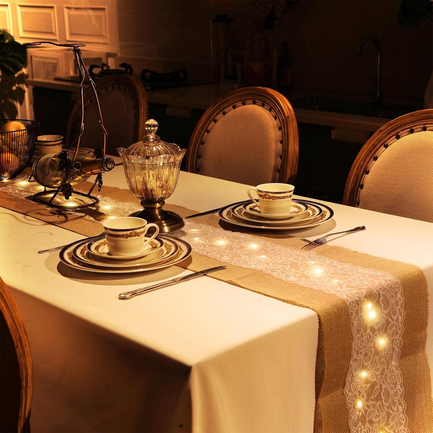 Xinnun 6 Pack Burlap Table Runner with LED String Lights