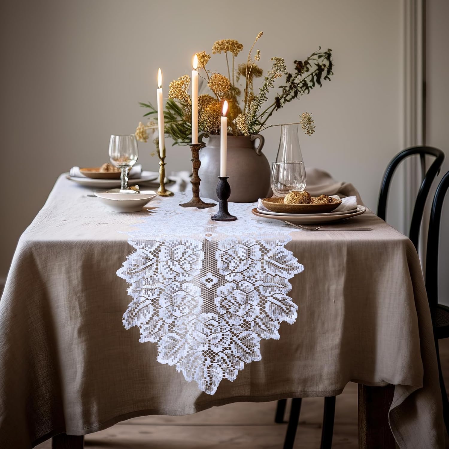 White Boho Table Runner with Lace Design