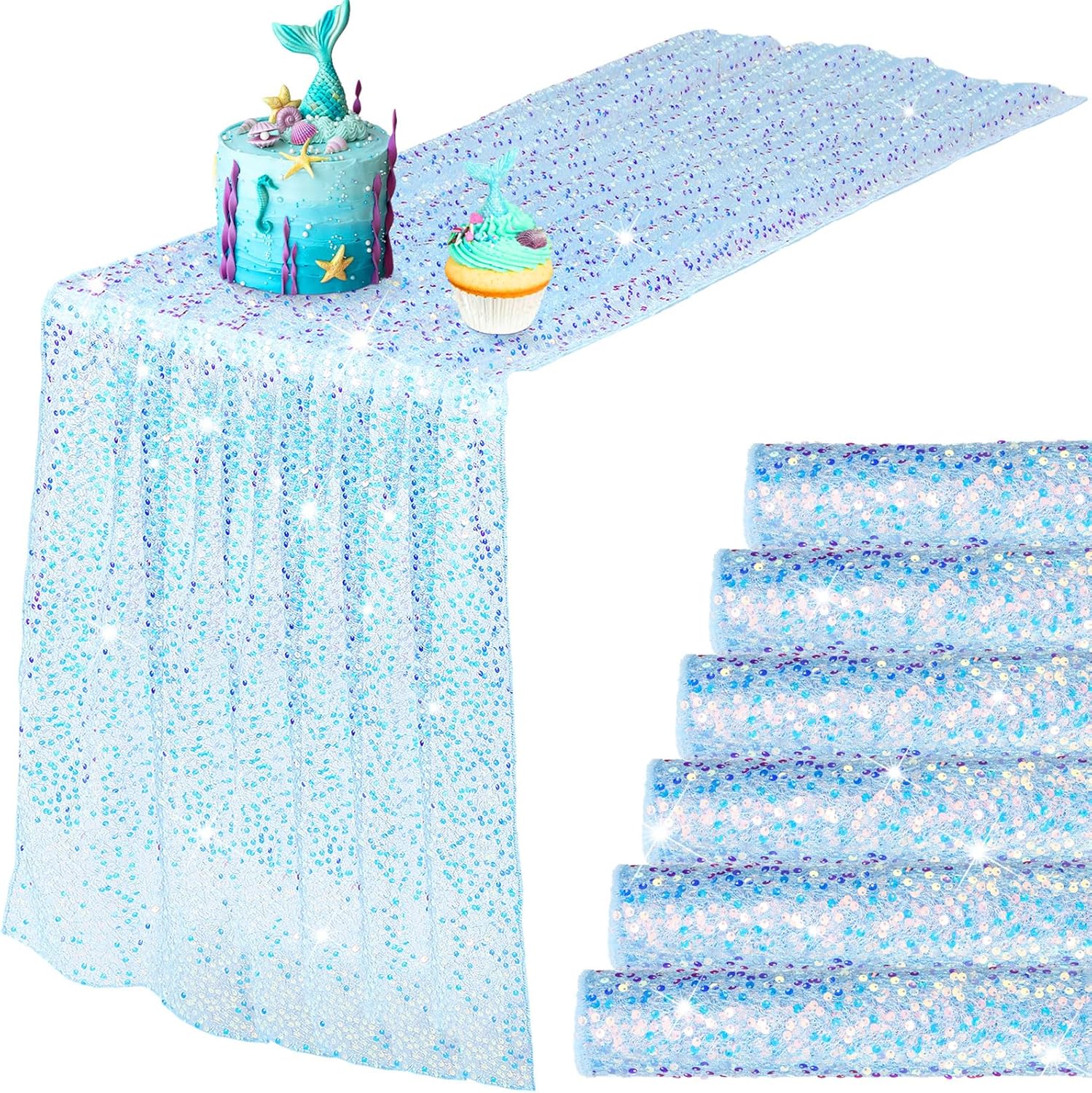 6 Pcs Iridescent Sequin Table Runner Blue 12x72 Inch