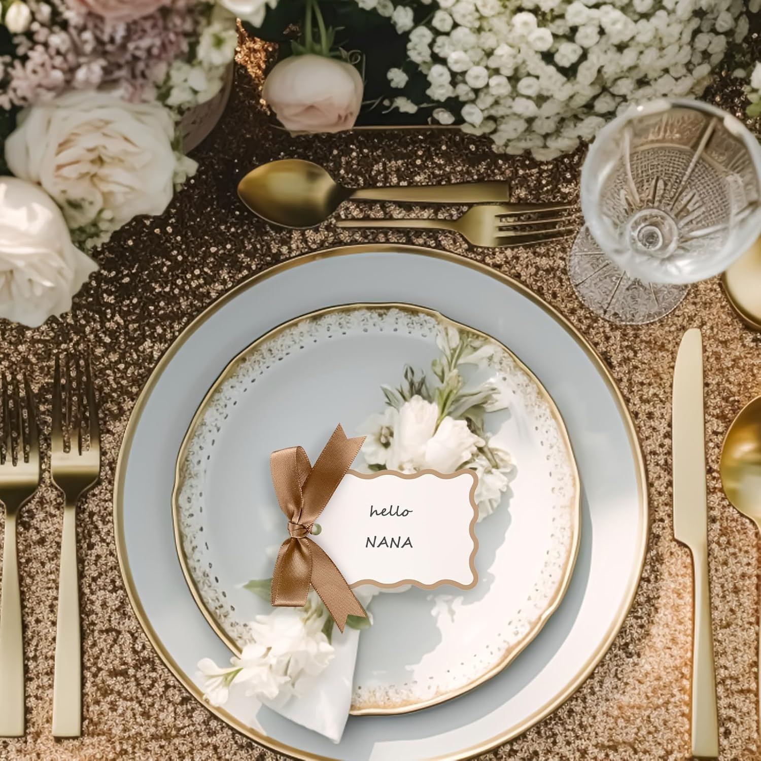 200 Pcs Scallop Name Place Cards with Ribbon for Weddings