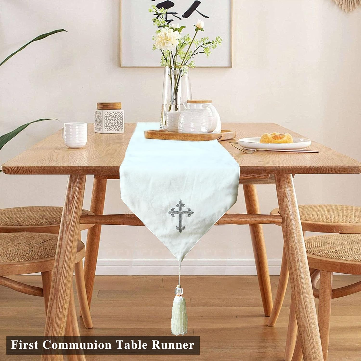 Ohmique White Communion Table Runner with Cross Embroidery