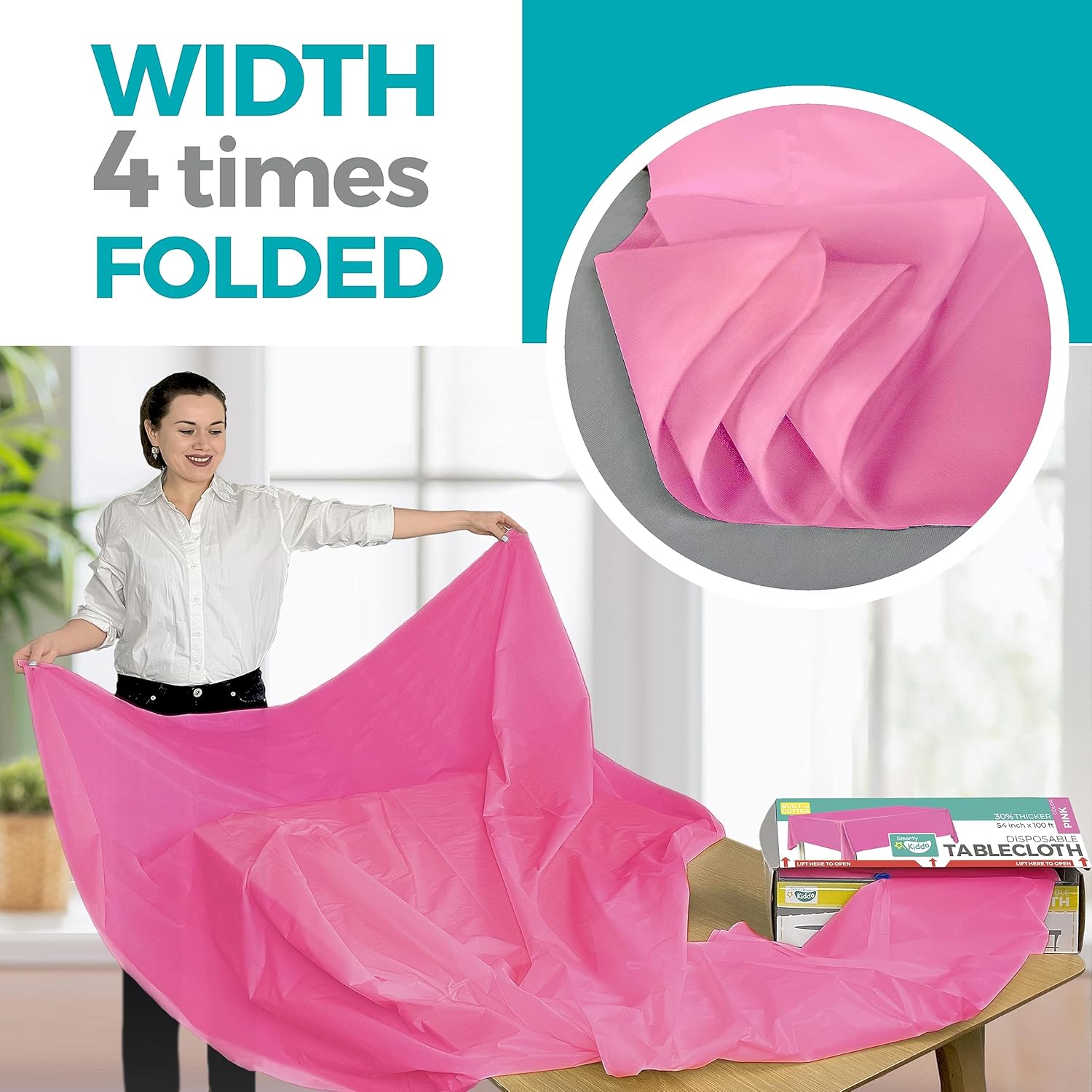 54in X 100ft Pink Plastic Tablecloth Roll with Built-In Cutter