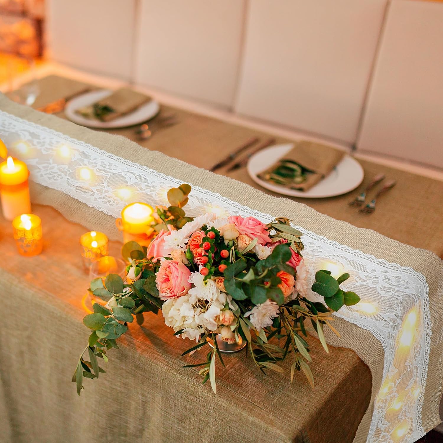Xinnun 6 Pack Burlap Table Runner with LED Lights